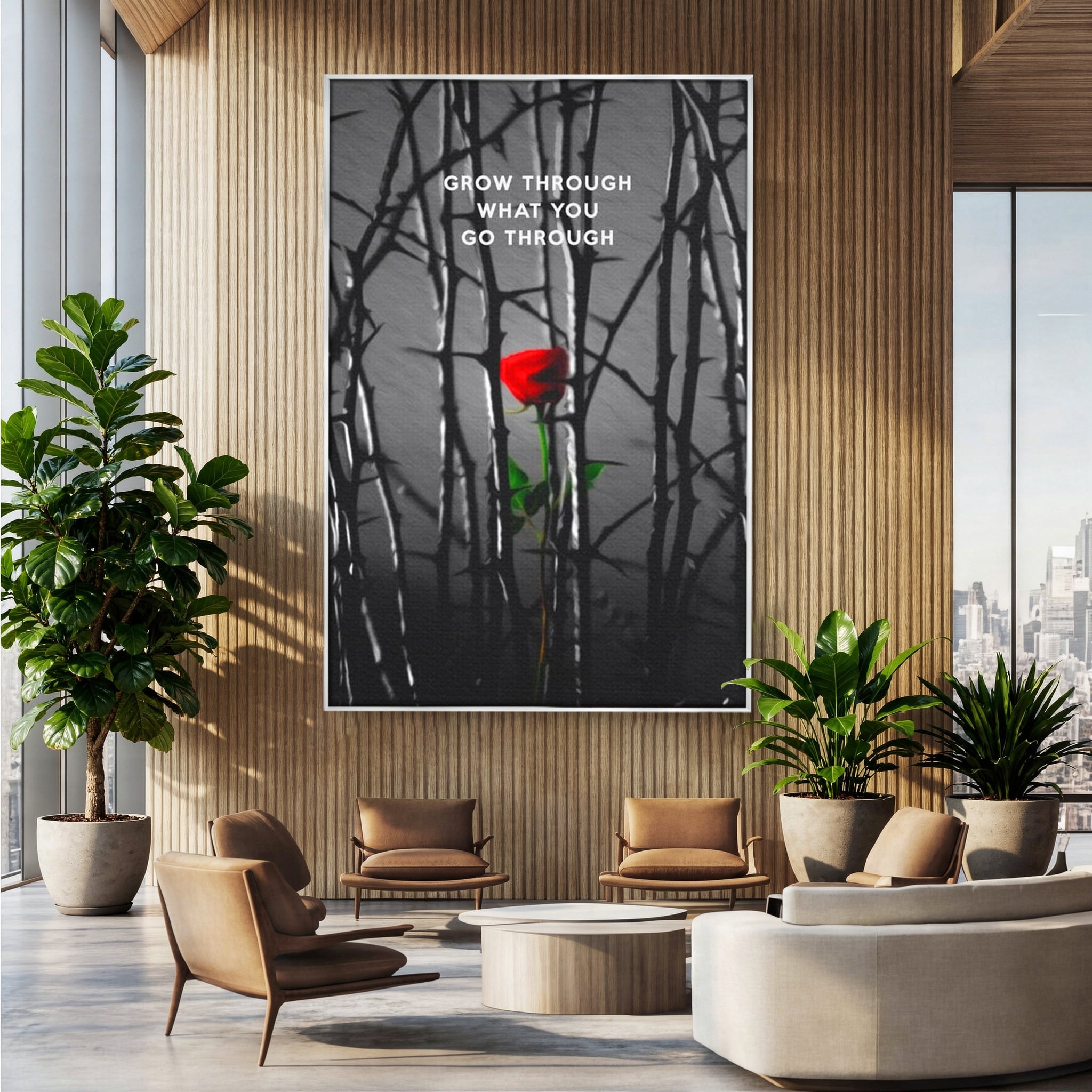 Tablou canvas cu tablou motivational cu trandafir rosu si spini, in rama de aluminiu argintiu, pe perete intr-un birou