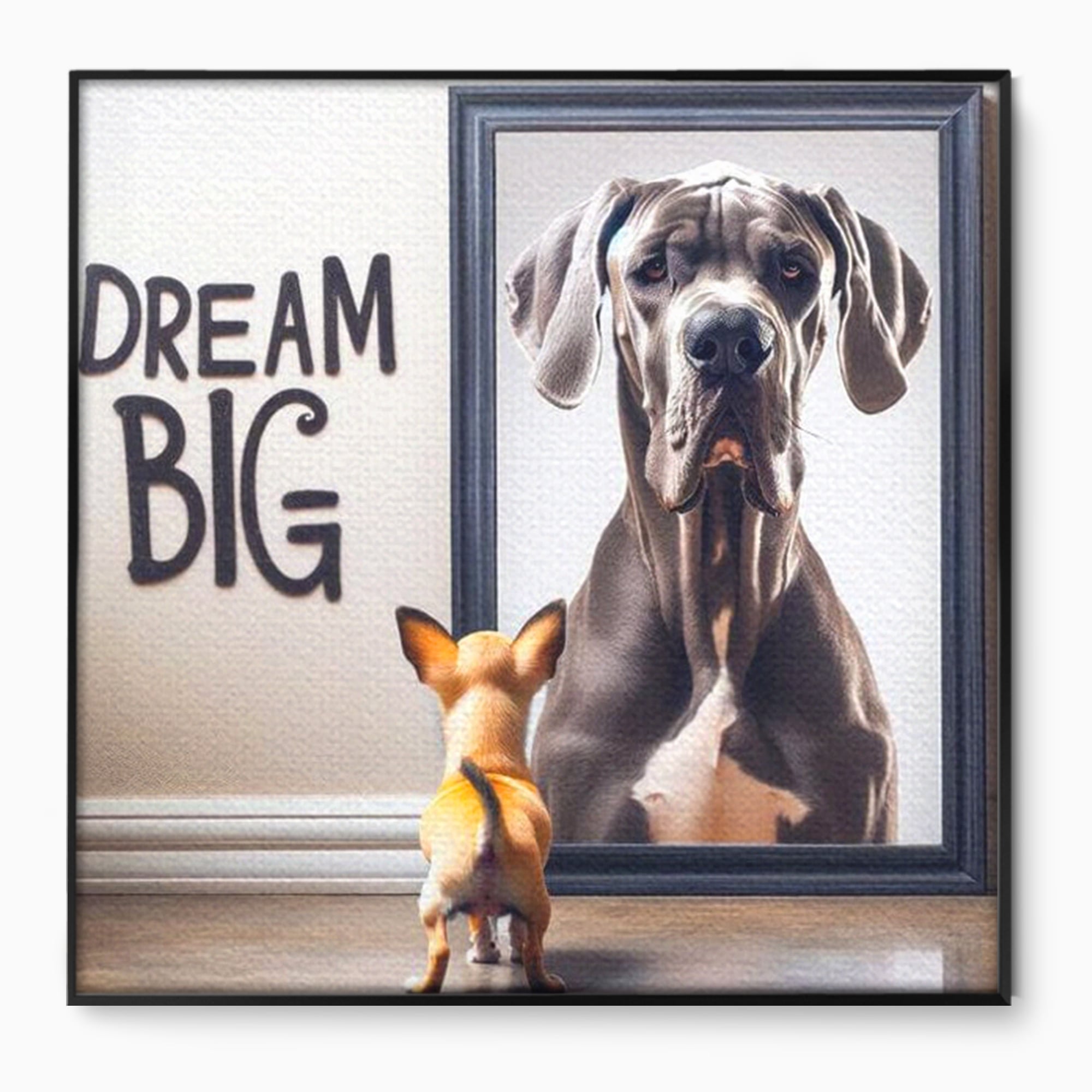 Tablou canvas cu tablou motivational cu caine mic si caine mare, in rama de aluminiu negru