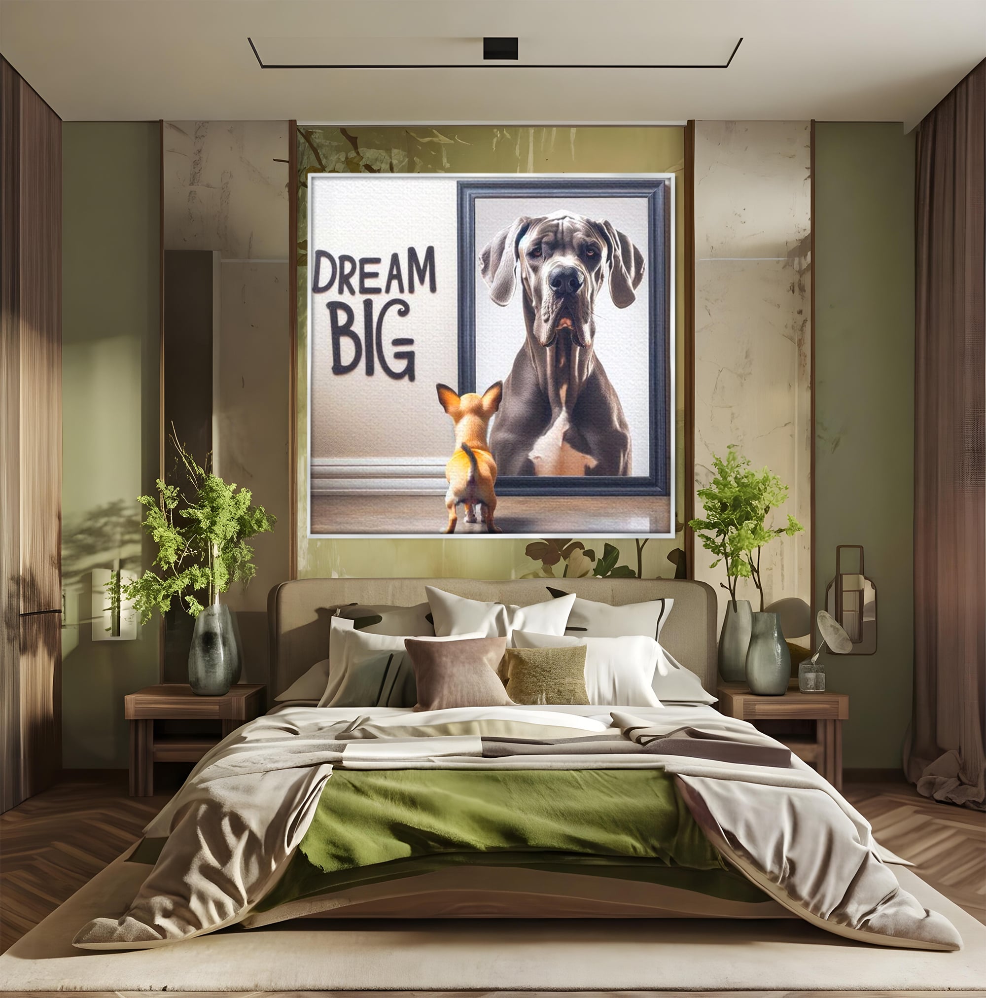 Tablou canvas cu tablou motivational cu caine mic si caine mare, in rama de aluminiu argintiu, pe perete intr-un dormitor