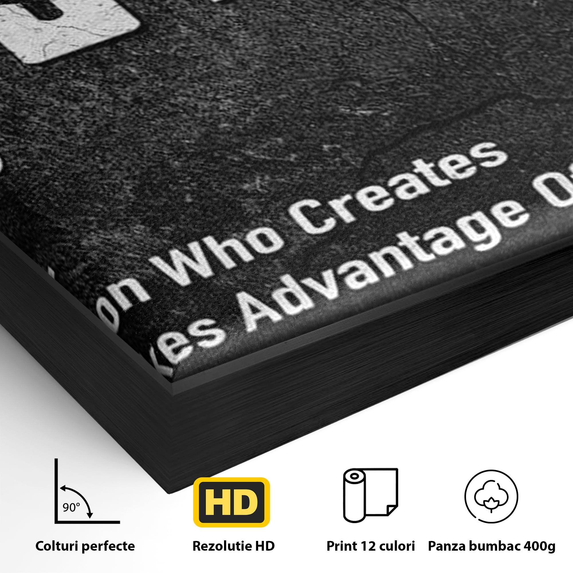 Detaliu al suprafetei: tablou canvas cu definitia cuvantului hustler, in rama de aluminiu negru