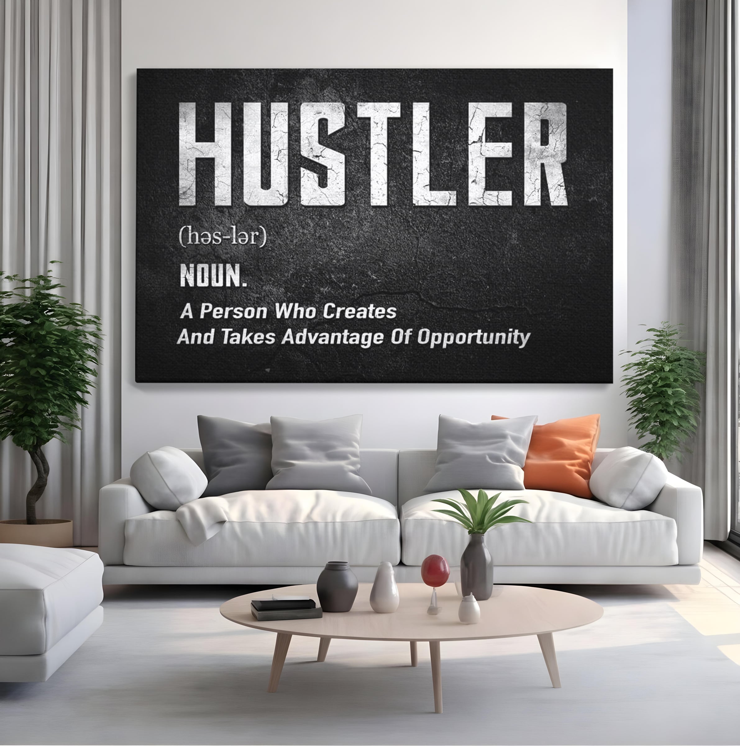 Tablou canvas cu tablou canvas cu definitia cuvantului hustler, fara rama, pe sasiu de lemn, pe perete intr-un living