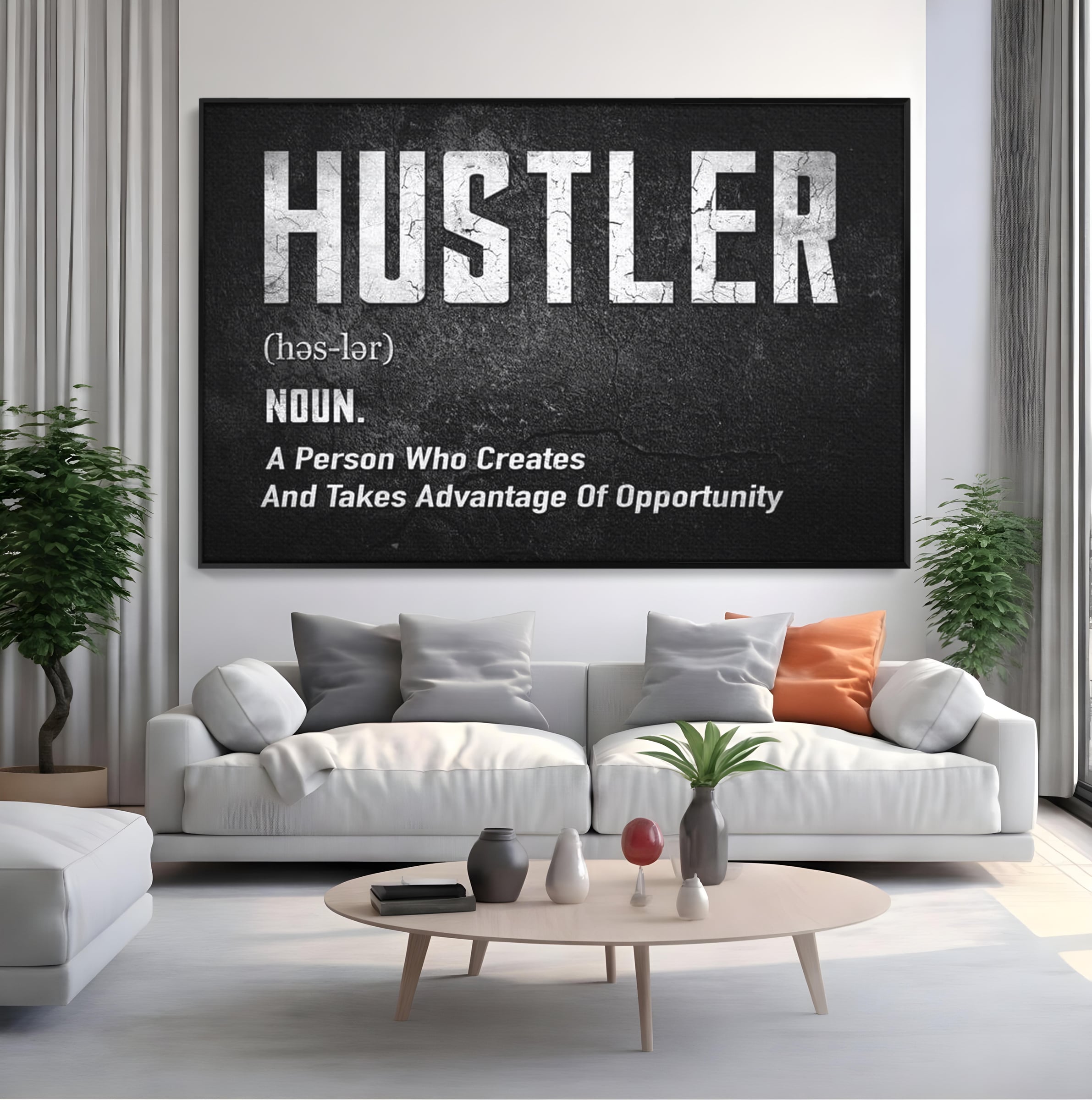 Tablou canvas cu tablou canvas cu definitia cuvantului hustler, in rama de aluminiu negru, pe perete intr-un living