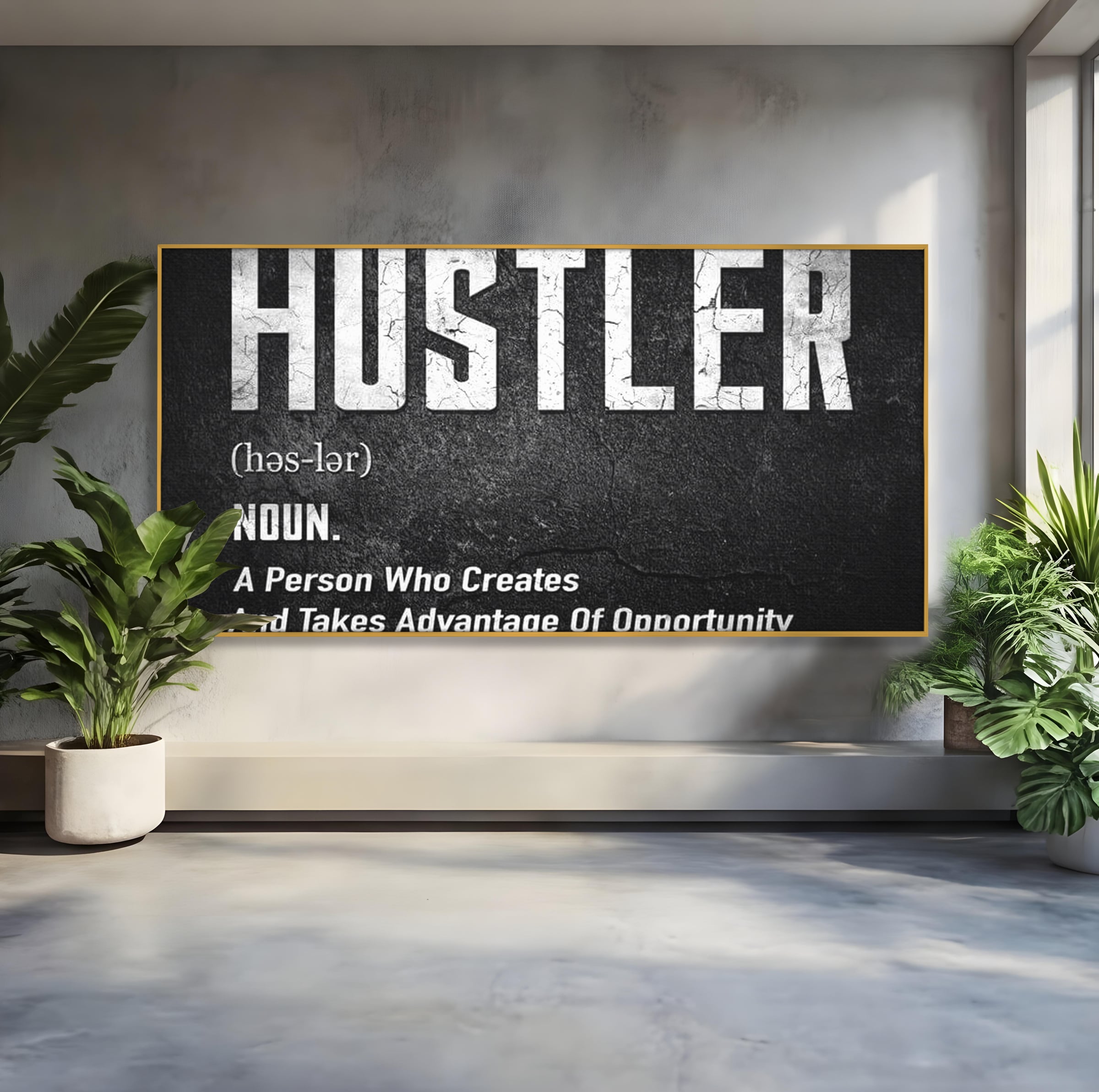 Tablou canvas cu tablou canvas cu definitia cuvantului hustler, in rama de aluminiu auriu