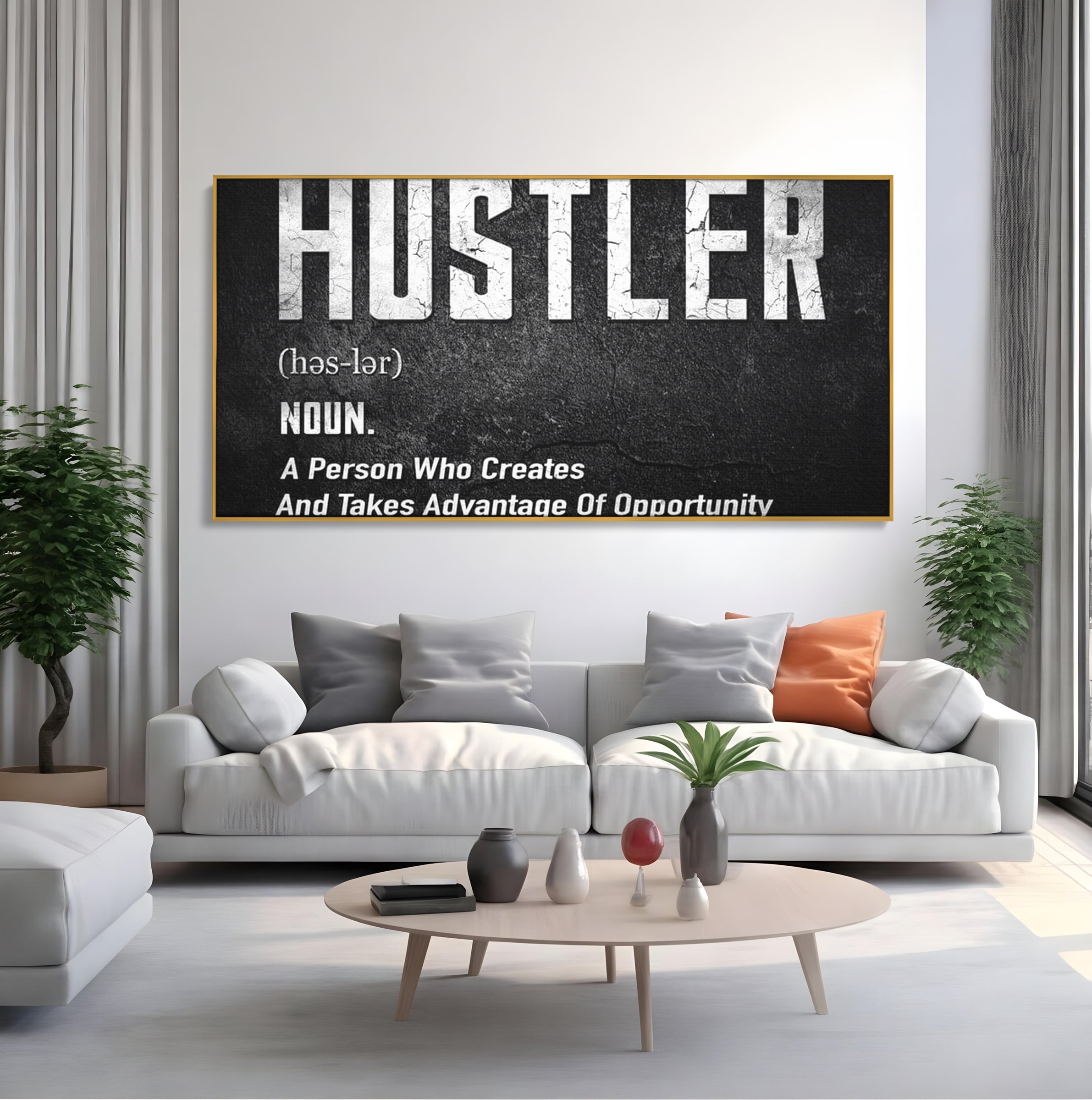 Tablou canvas cu tablou canvas cu definitia cuvantului hustler, in rama de aluminiu auriu, pe perete intr-un living