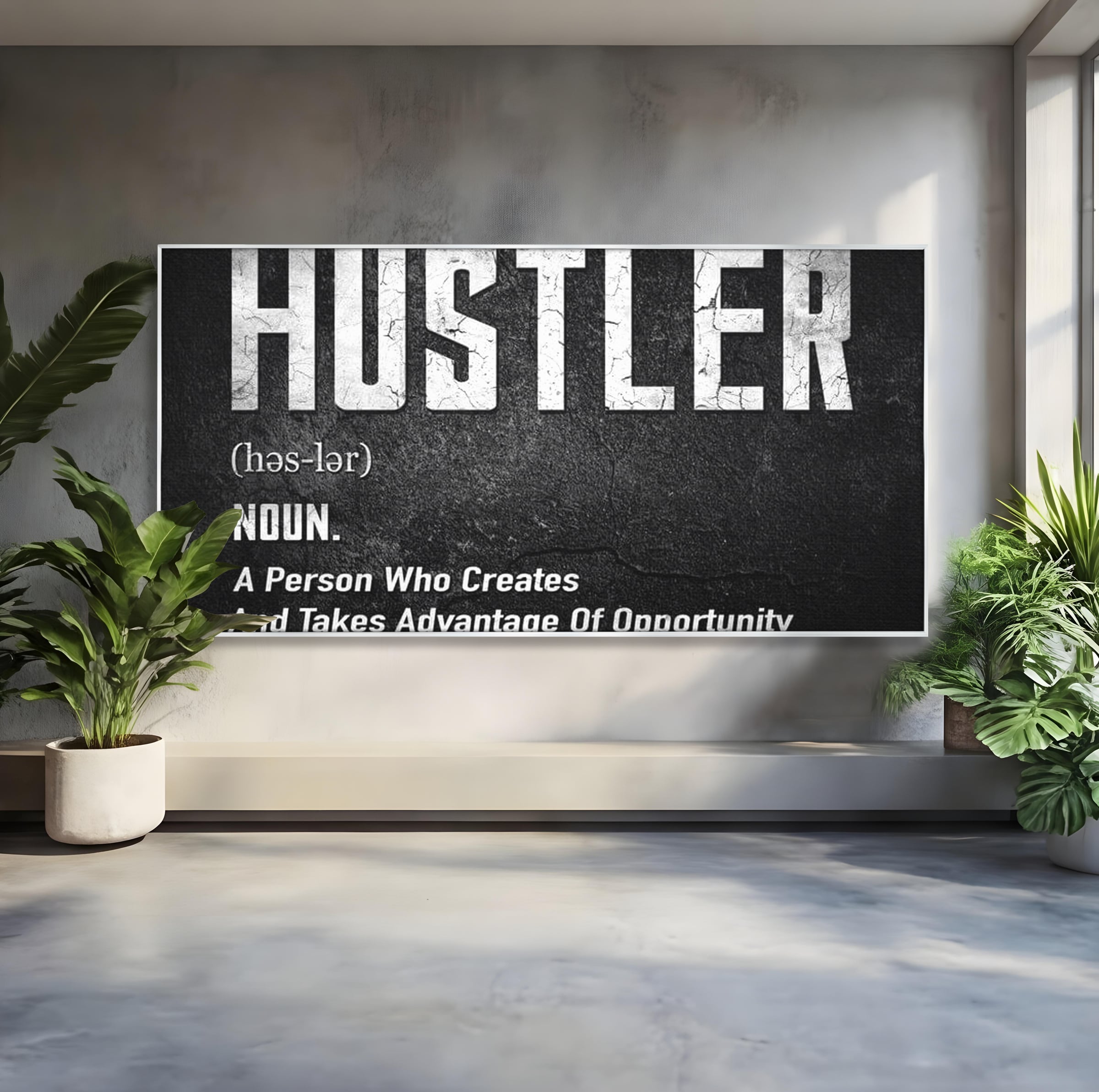 Tablou canvas cu tablou canvas cu definitia cuvantului hustler, in rama de aluminiu argintiu