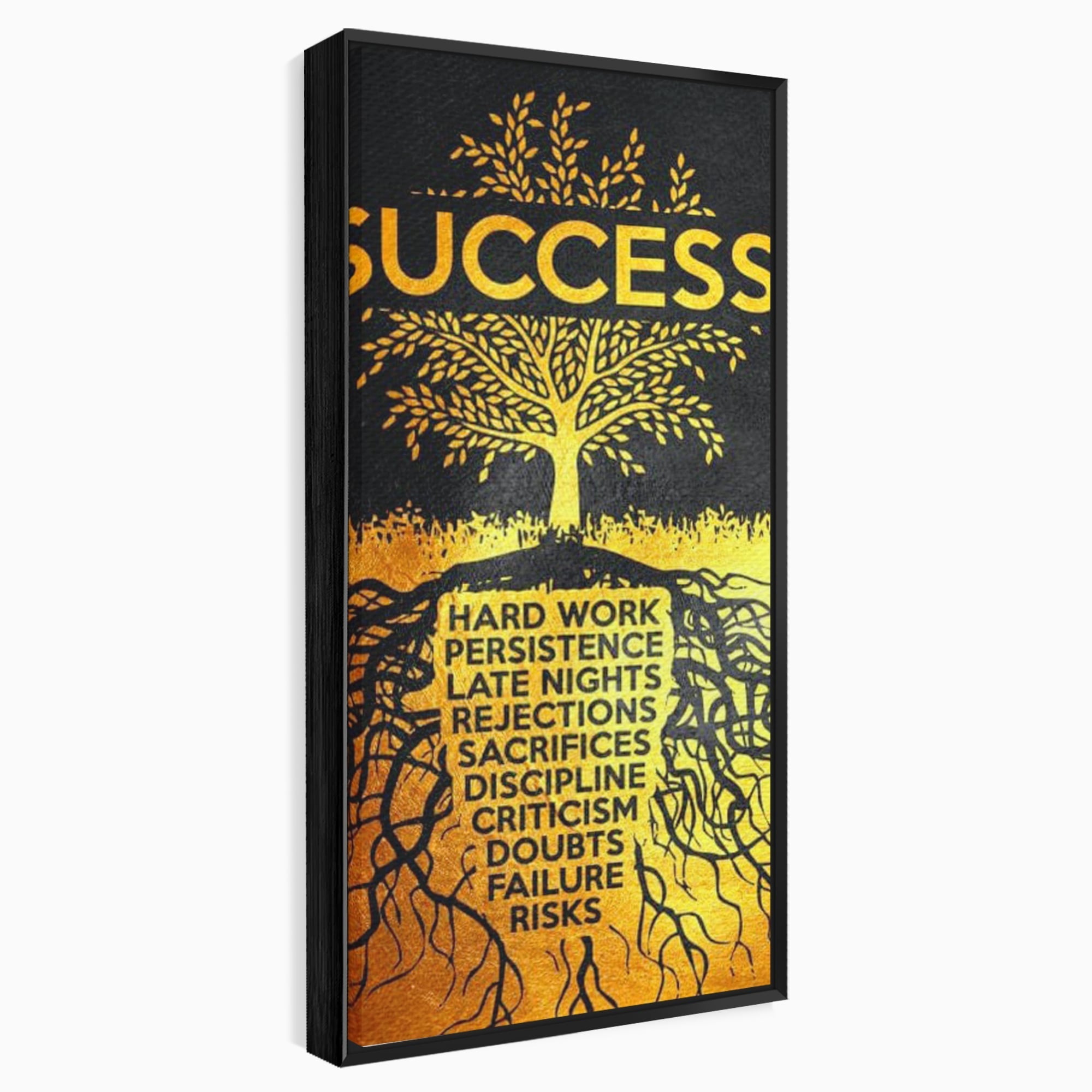 Tablou canvas cu tablou motivational cu arborele succesului, in rama de aluminiu negru