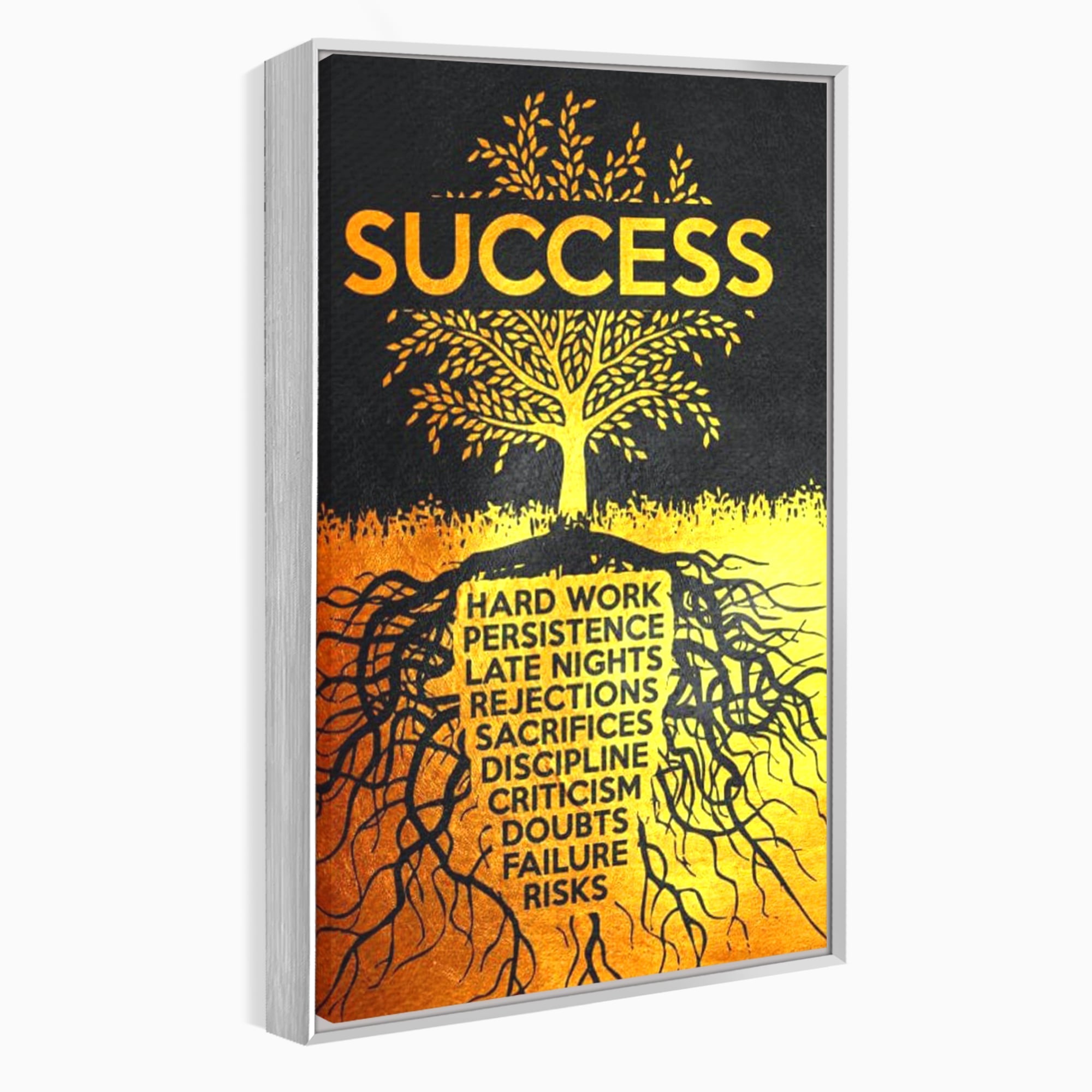 Tablou canvas cu tablou motivational cu arborele succesului, in rama de aluminiu argintiu