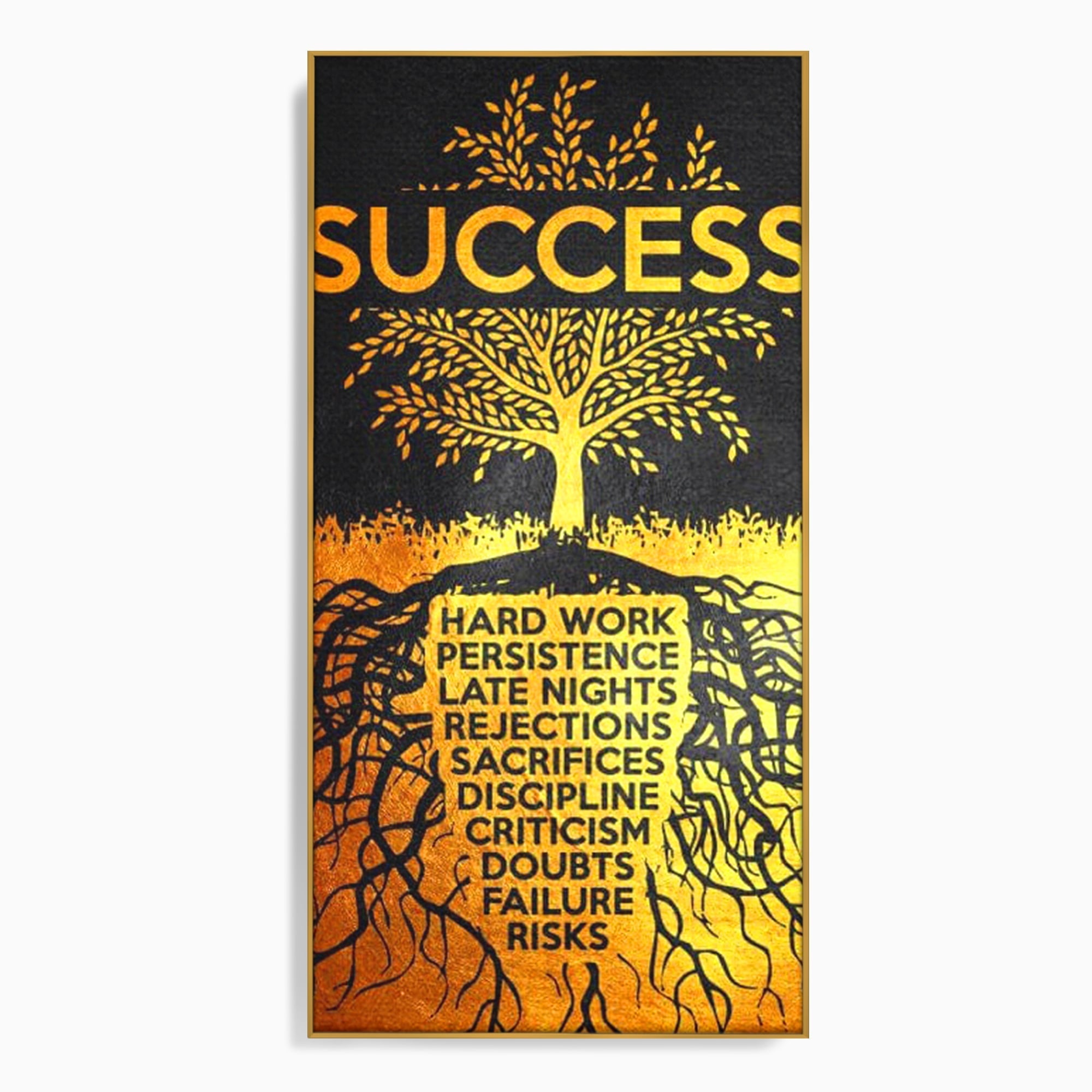 Tablou canvas cu tablou motivational cu arborele succesului, in rama de aluminiu auriu