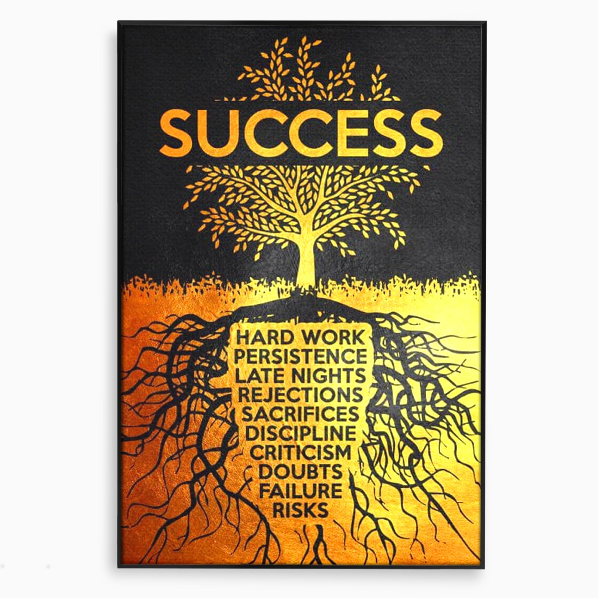 Tablou canvas cu tablou motivational cu arborele succesului, in rama de aluminiu negru