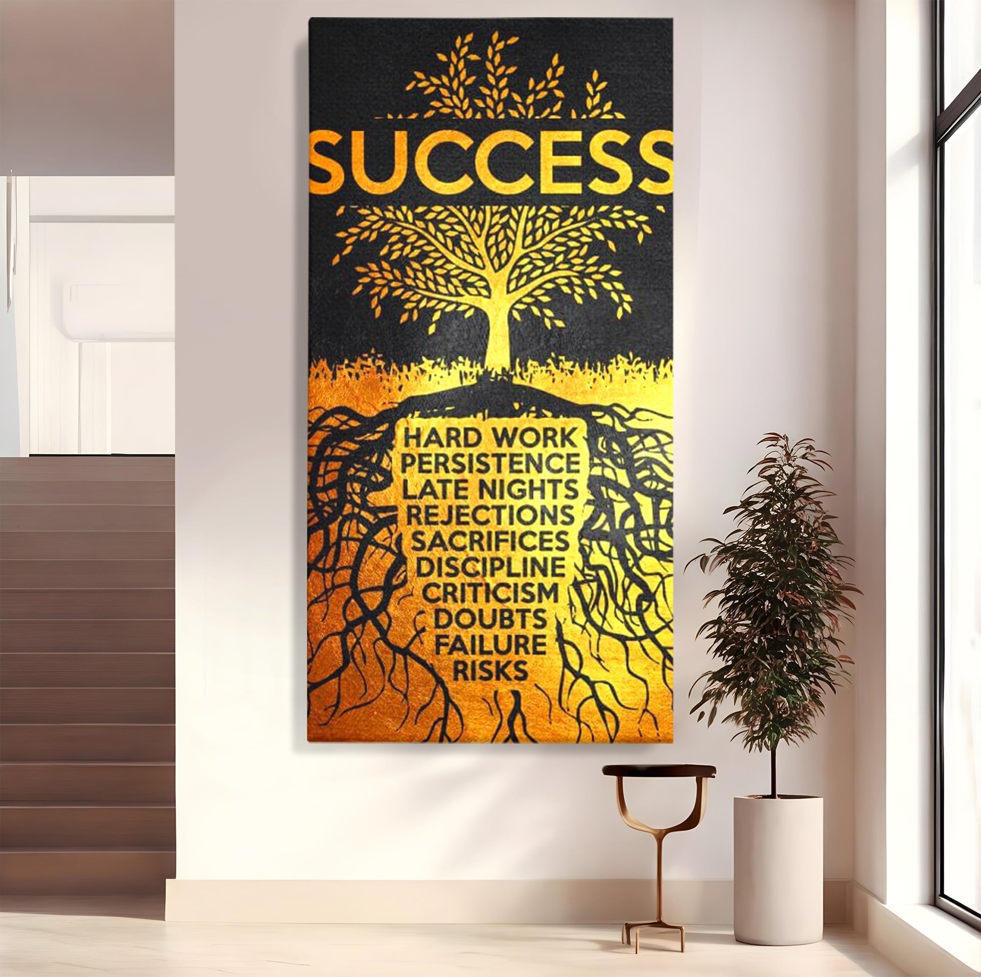 Tablou canvas cu tablou motivational cu arborele succesului, fara rama, pe sasiu de lemn