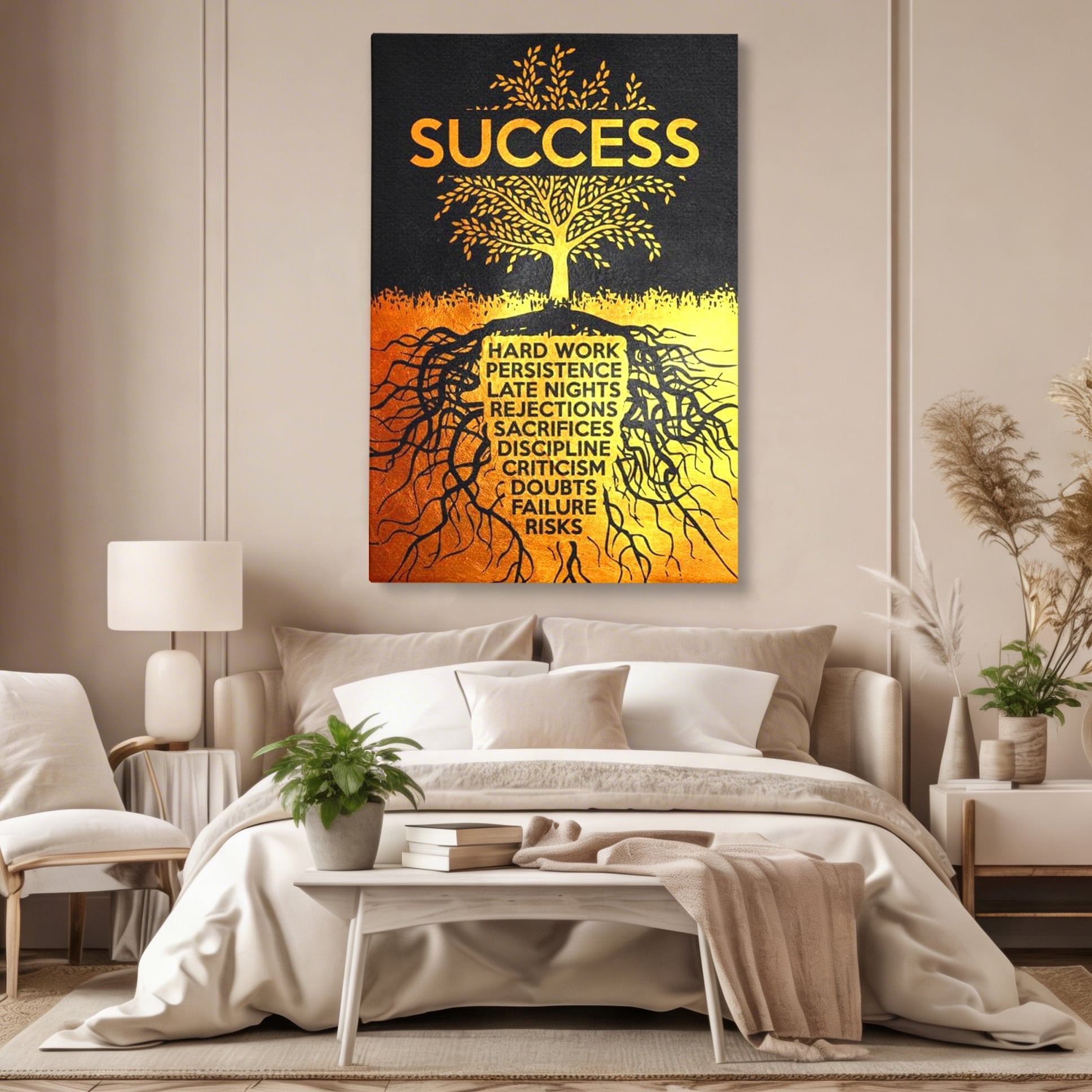 Tablou canvas cu tablou motivational cu arborele succesului, fara rama, pe sasiu de lemn, pe perete intr-un dormitor