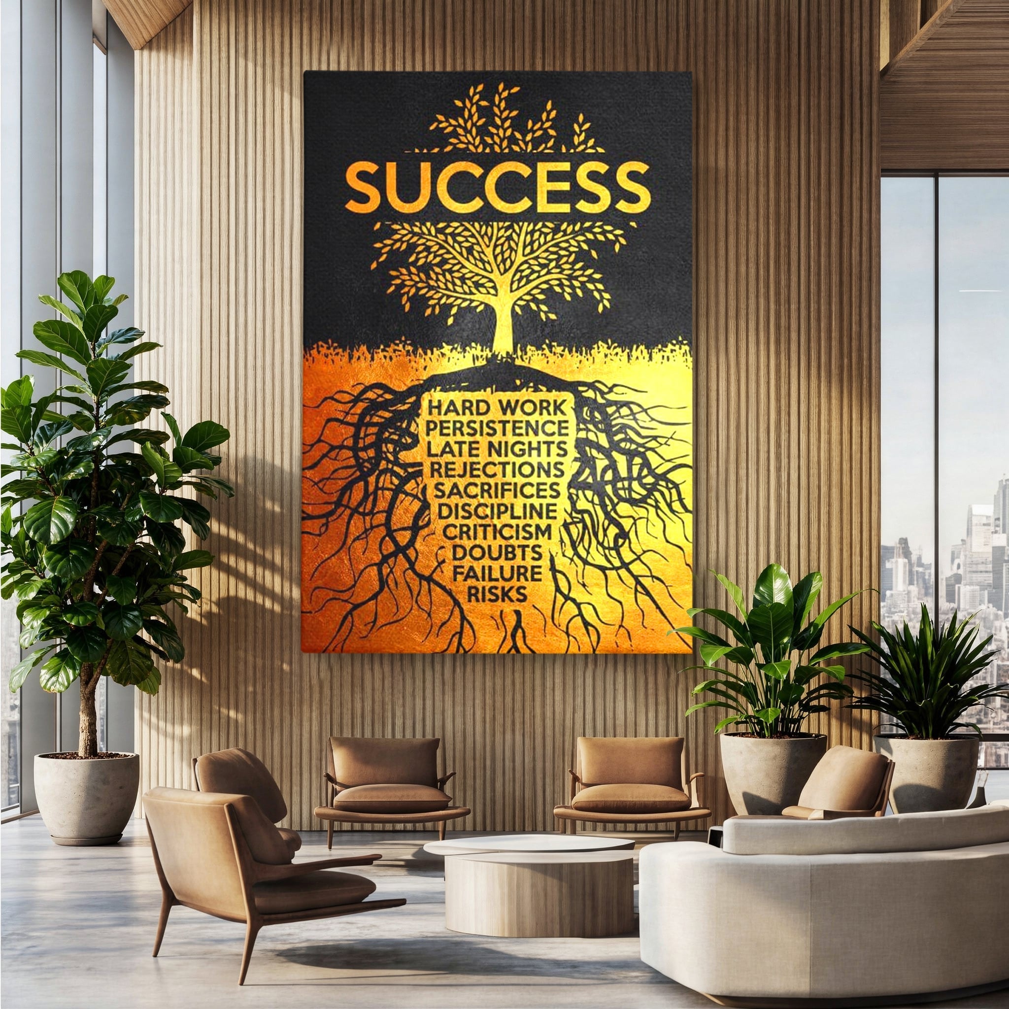 Tablou canvas cu tablou motivational cu arborele succesului, fara rama, pe sasiu de lemn, pe perete intr-un birou