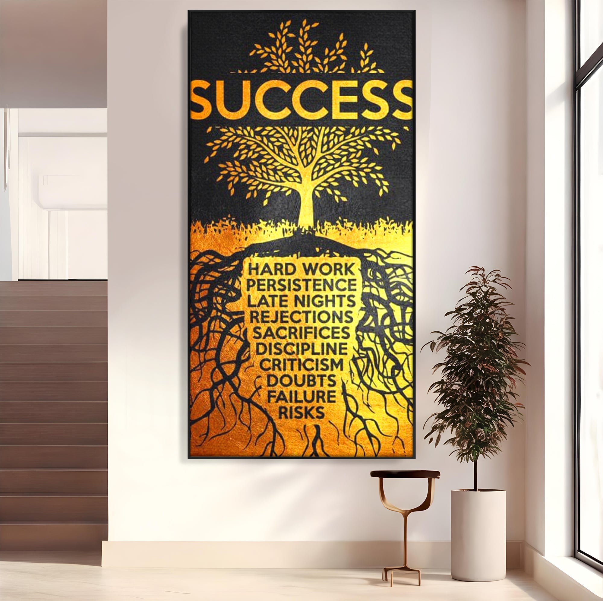 Tablou canvas cu tablou motivational cu arborele succesului, in rama de aluminiu negru