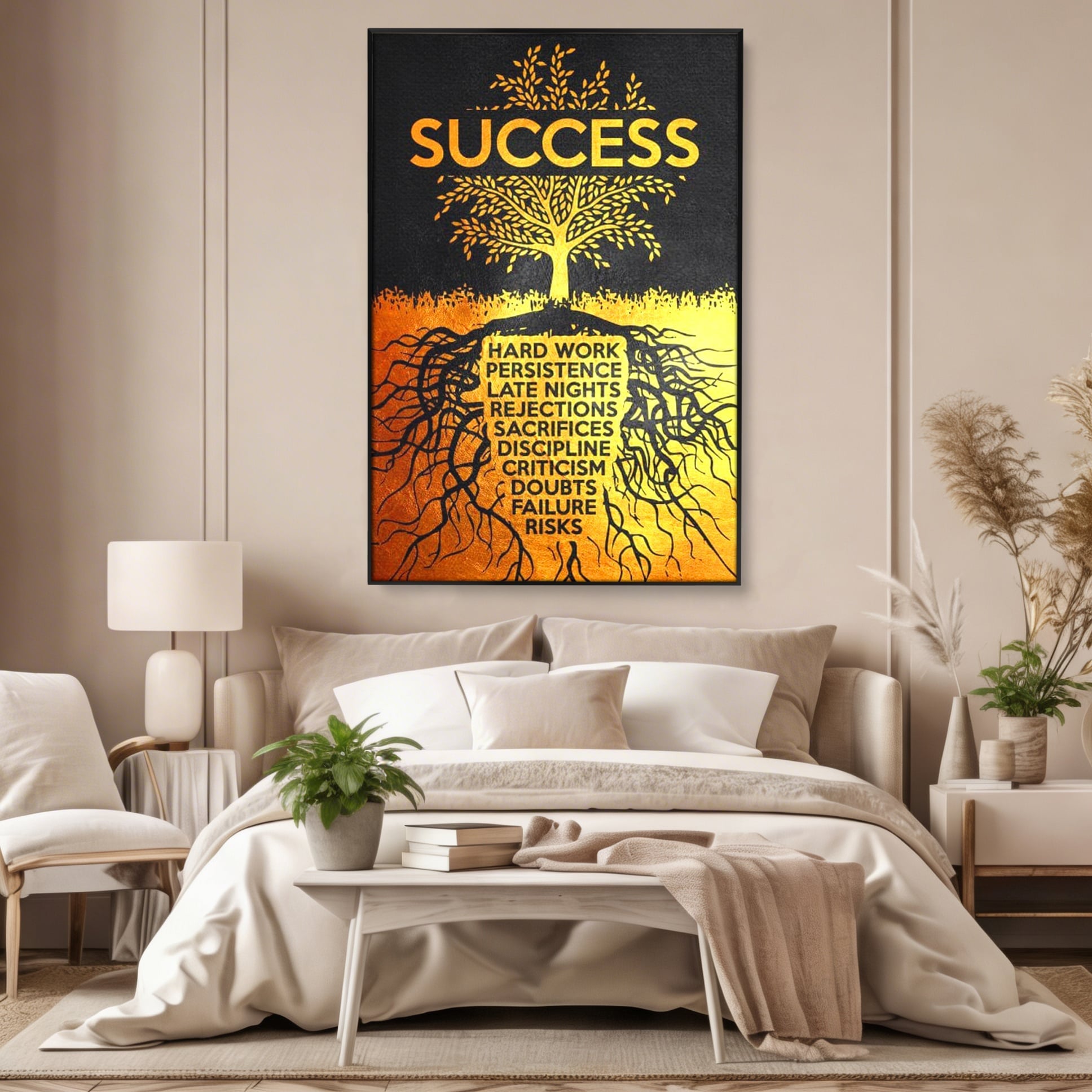 Tablou canvas cu tablou motivational cu arborele succesului, in rama de aluminiu negru, pe perete intr-un dormitor