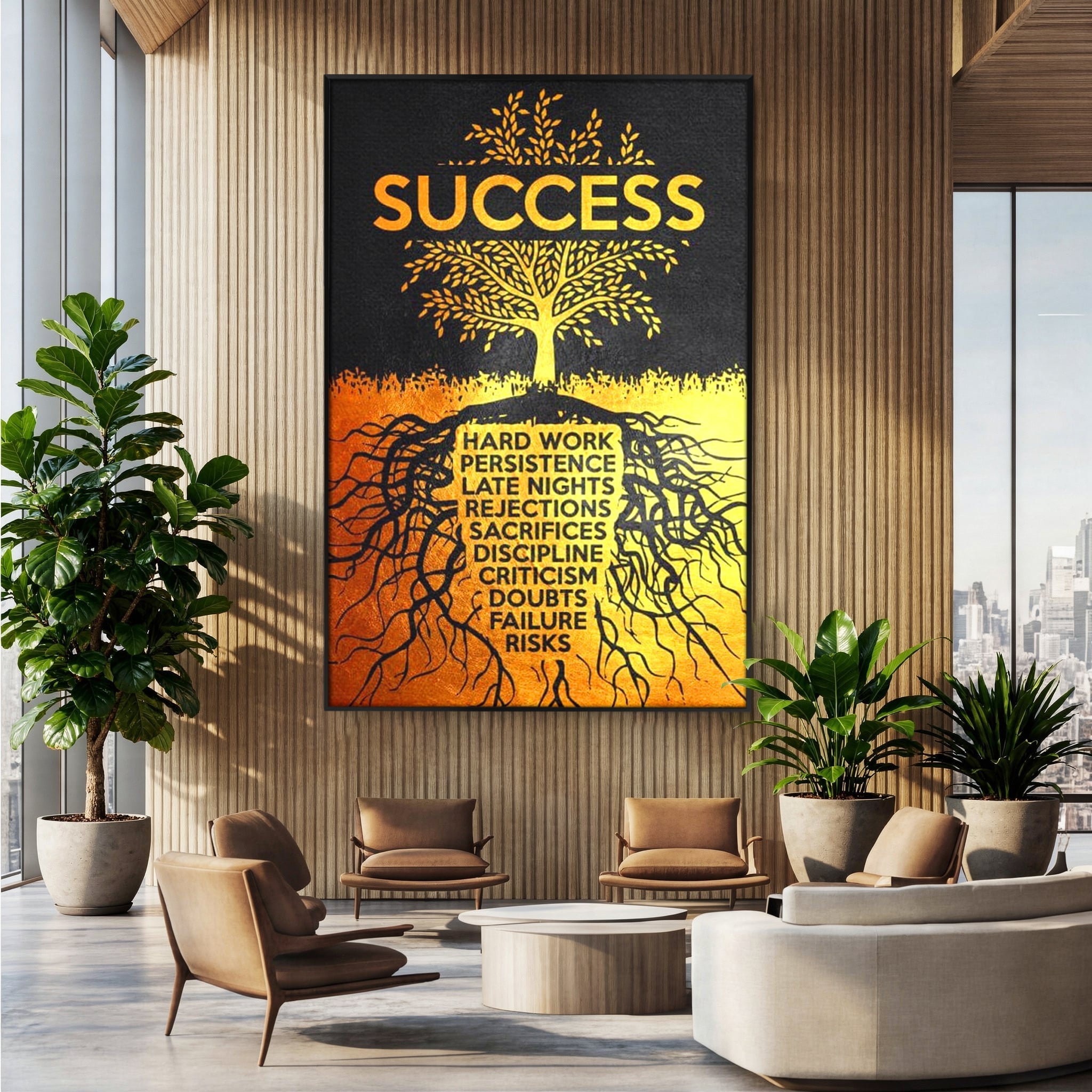 Tablou canvas cu tablou motivational cu arborele succesului, in rama de aluminiu negru, pe perete intr-un birou