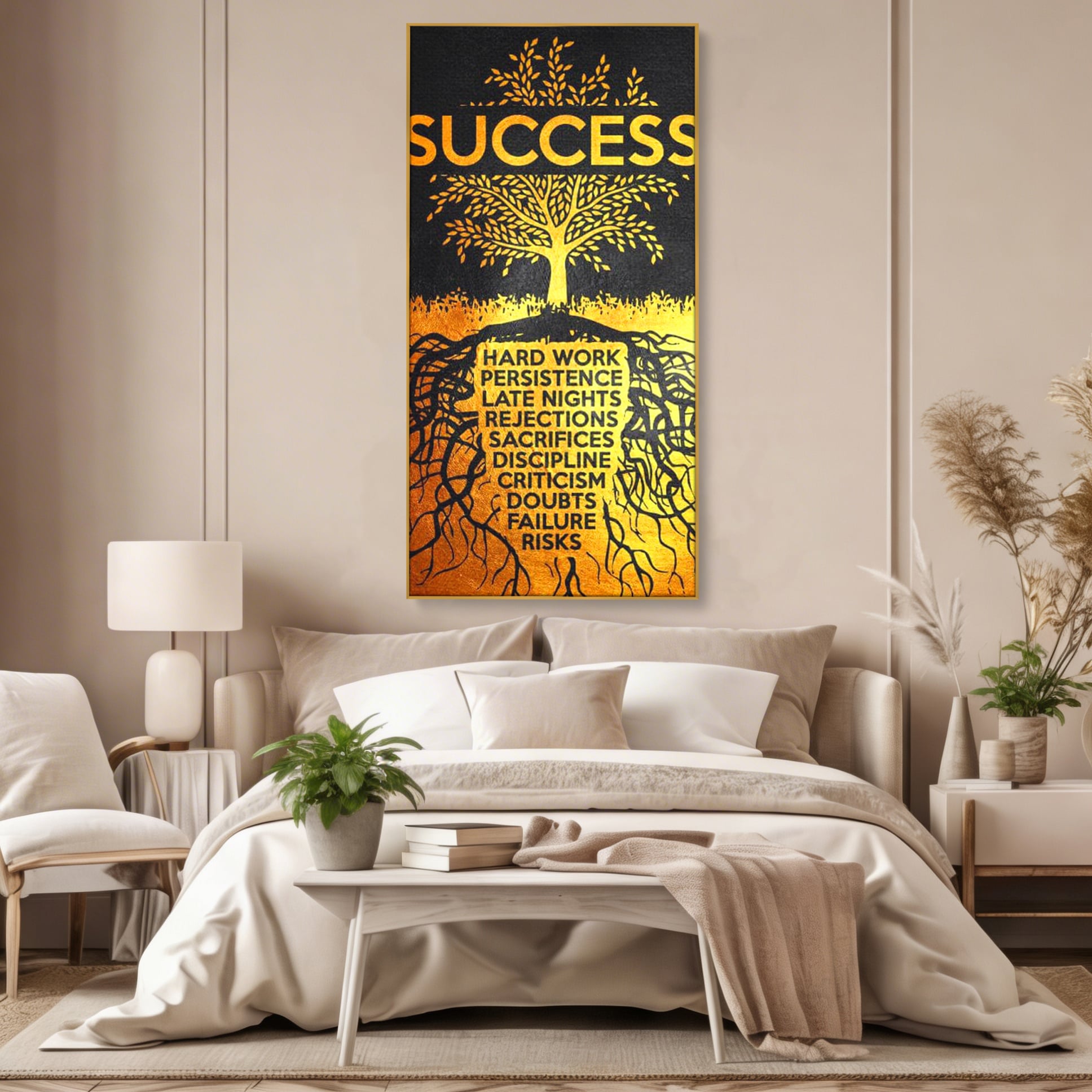 Tablou canvas cu tablou motivational cu arborele succesului, in rama de aluminiu auriu, pe perete intr-un dormitor