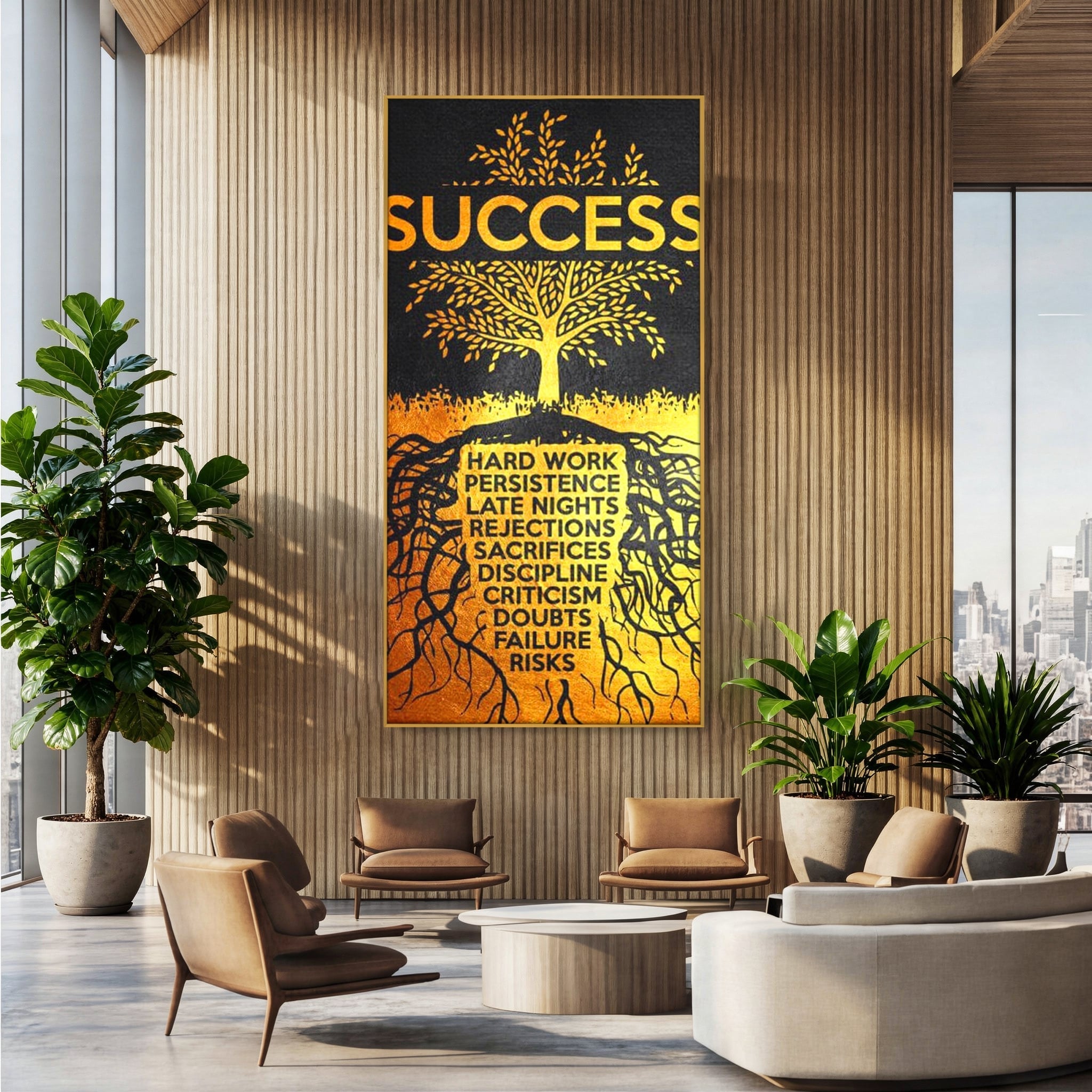 Tablou canvas cu tablou motivational cu arborele succesului, in rama de aluminiu auriu, pe perete intr-un birou