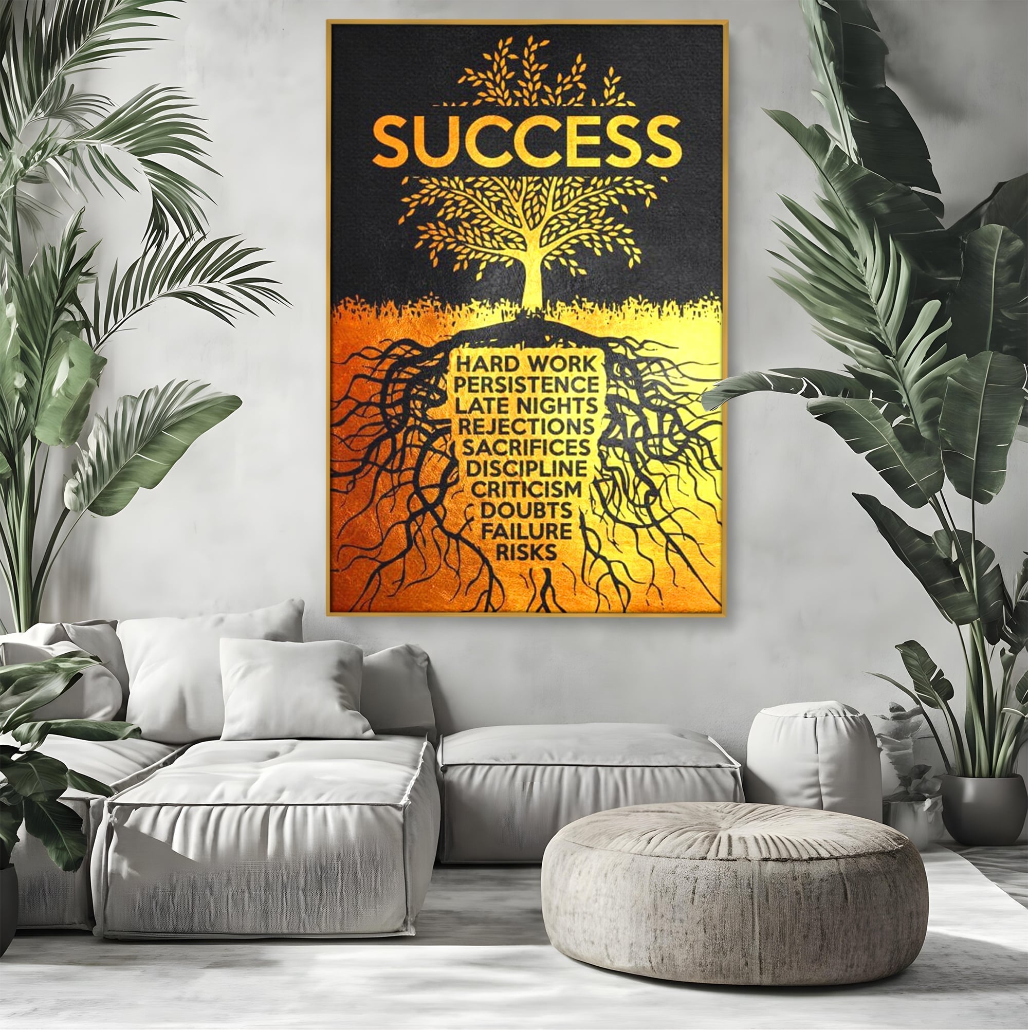 Tablou canvas cu tablou motivational cu arborele succesului, in rama de aluminiu auriu, pe perete intr-un living