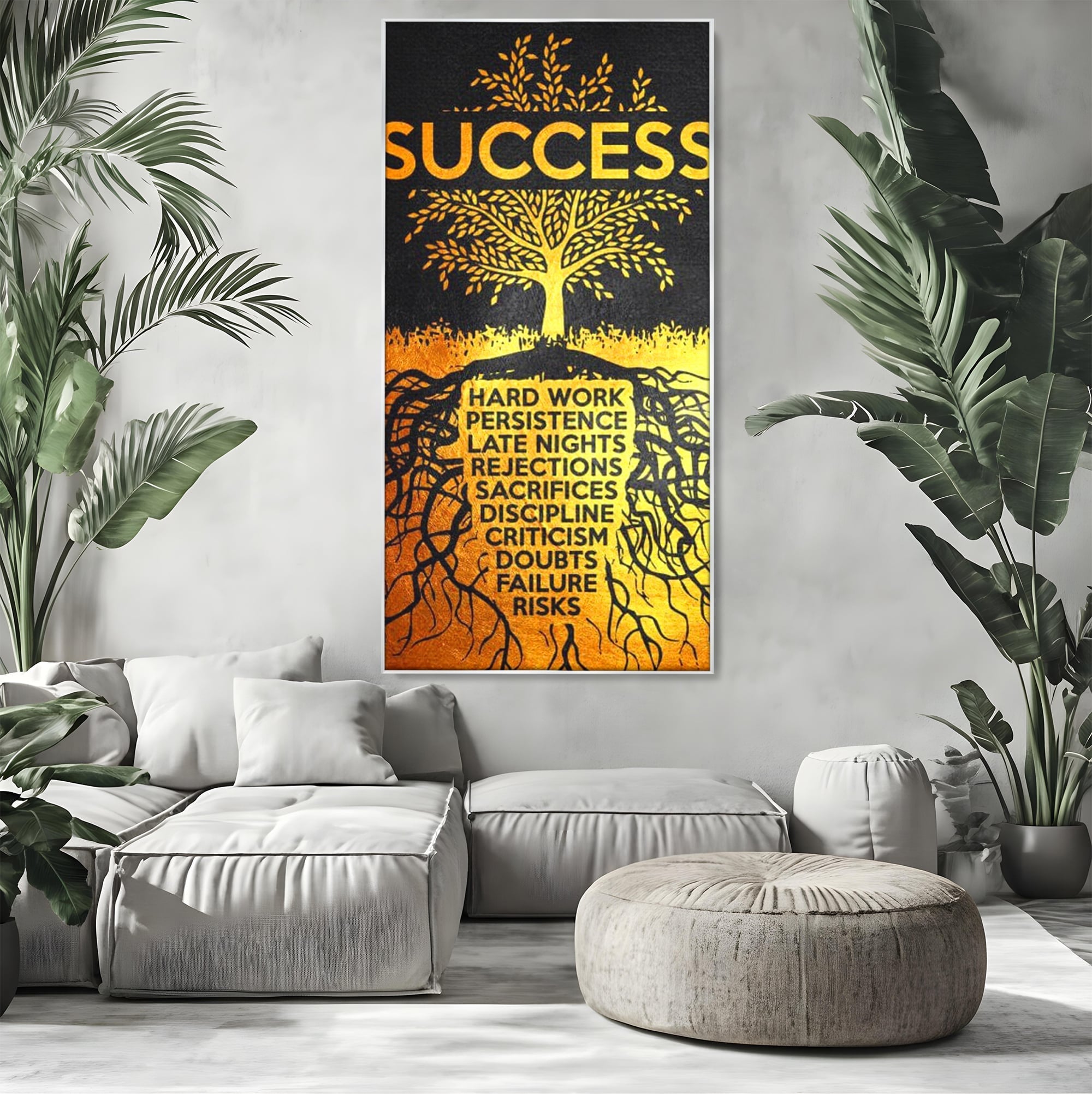 Tablou canvas cu tablou motivational cu arborele succesului, in rama de aluminiu argintiu, pe perete intr-un living