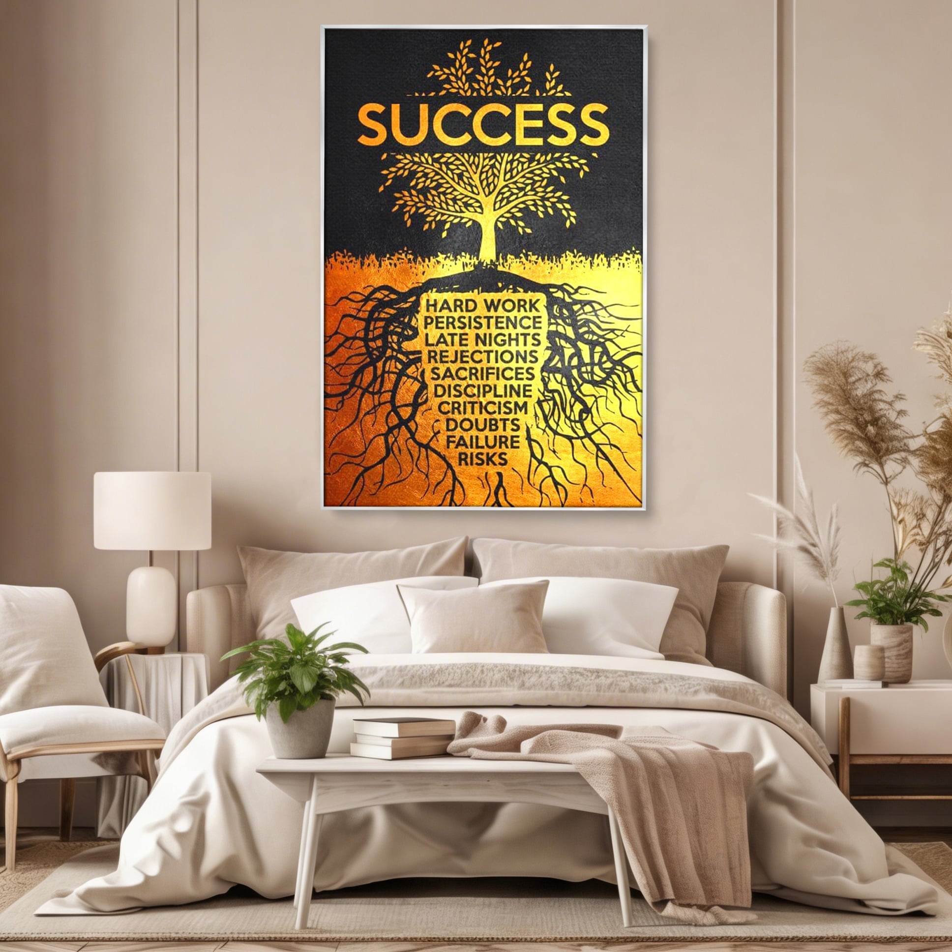Tablou canvas cu tablou motivational cu arborele succesului, in rama de aluminiu argintiu, pe perete intr-un dormitor