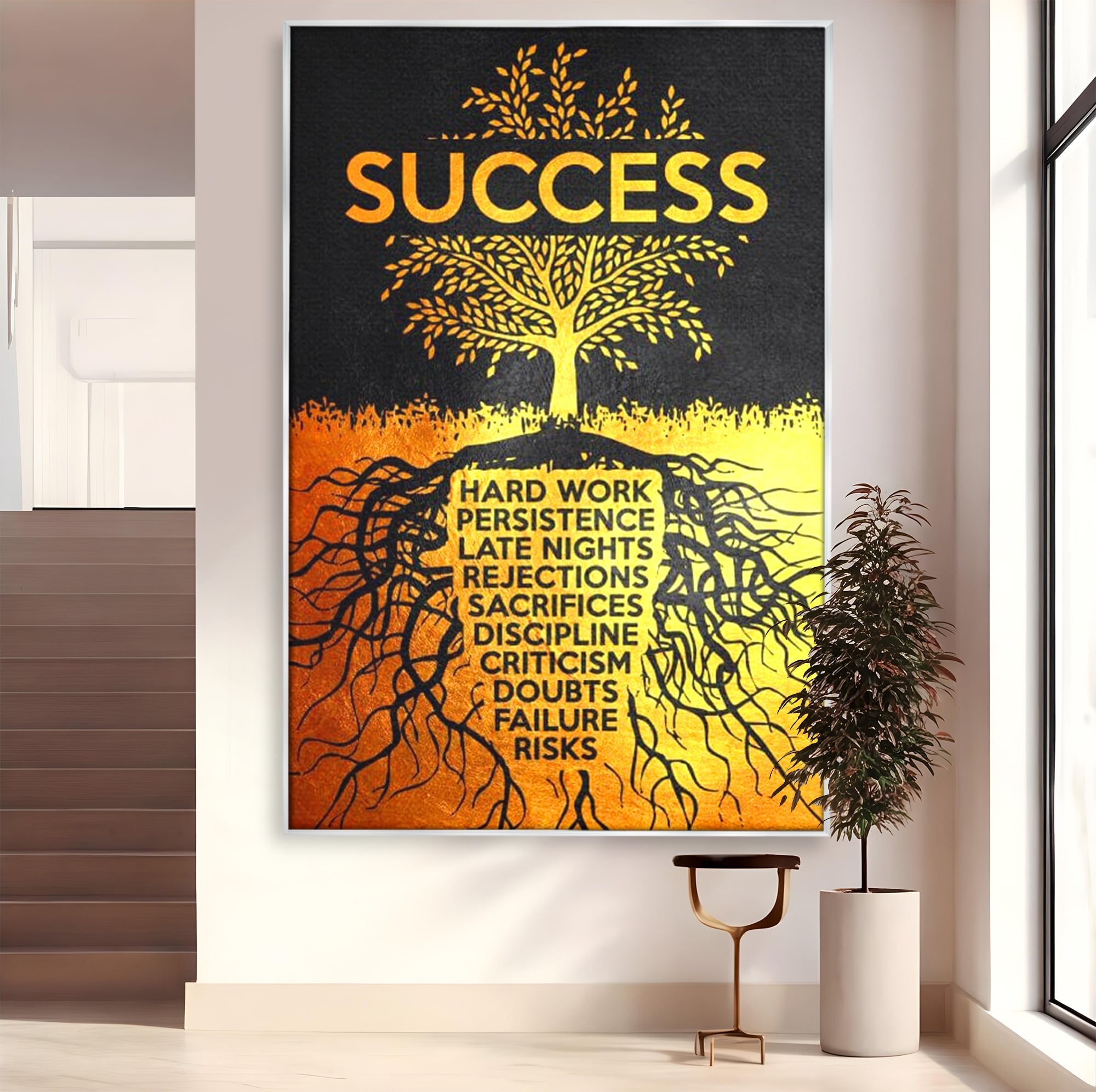 Tablou canvas cu tablou motivational cu arborele succesului, in rama de aluminiu argintiu