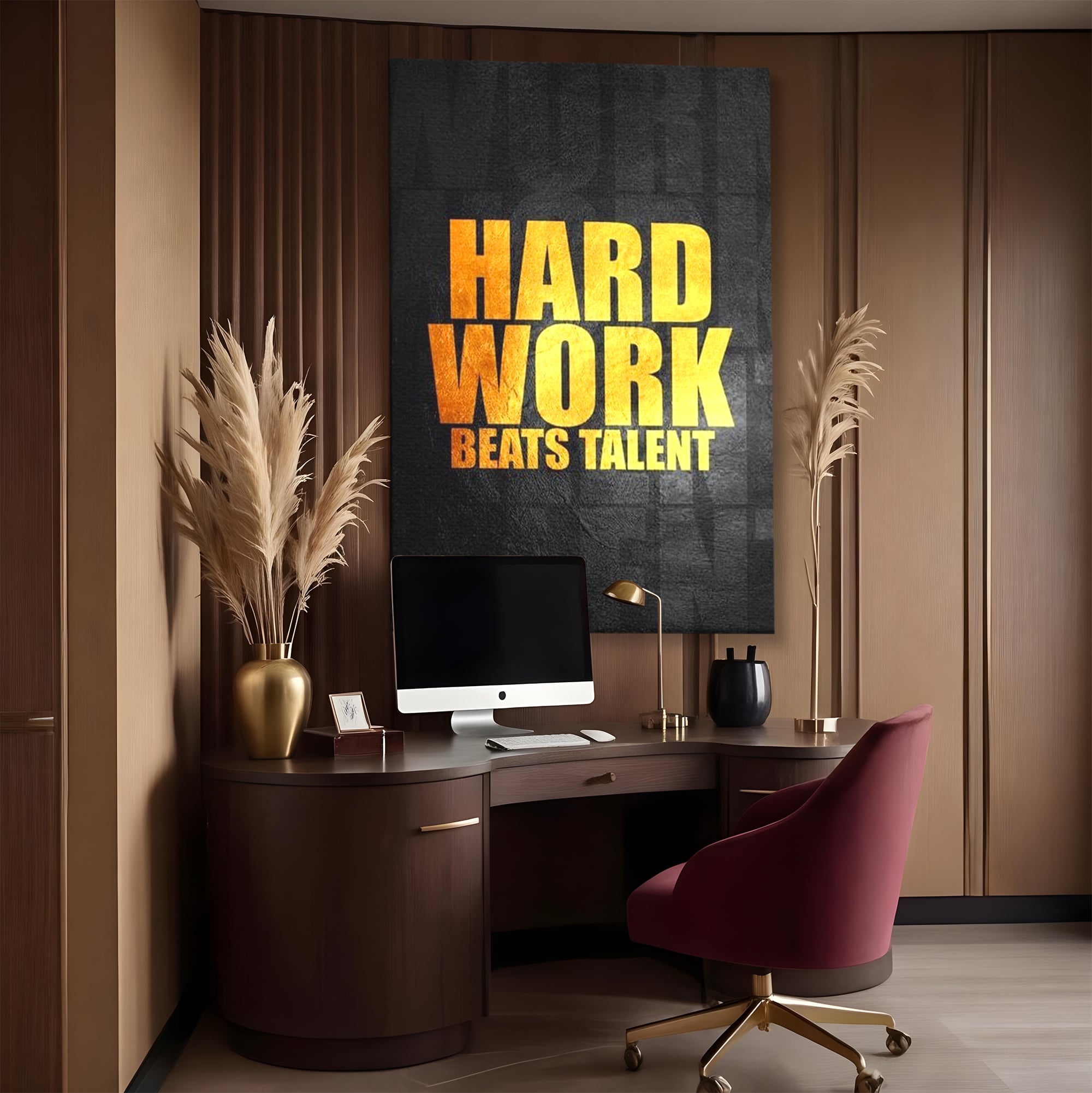 Tablou canvas cu tablou motivational cu mesaj aurit, fara rama, pe sasiu de lemn, pe perete intr-un birou