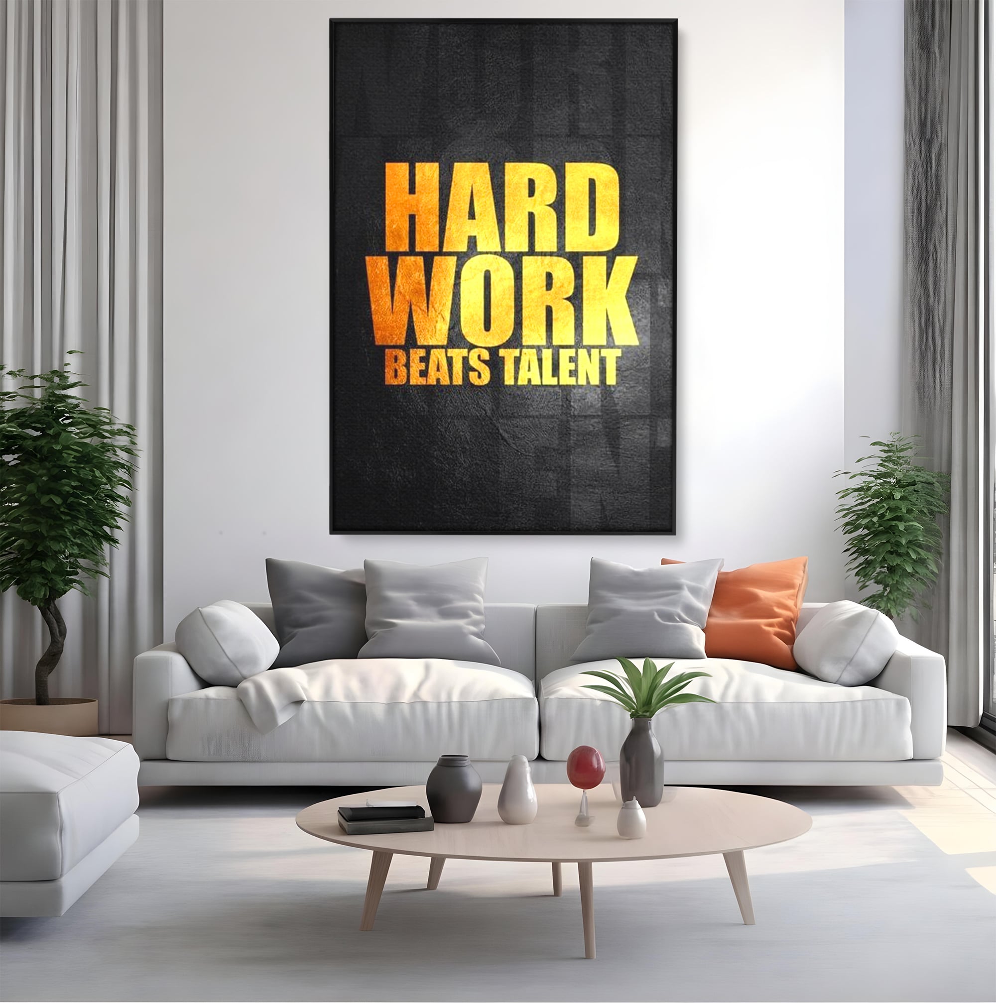 Tablou canvas cu tablou motivational cu mesaj aurit, in rama de aluminiu negru, pe perete intr-un living