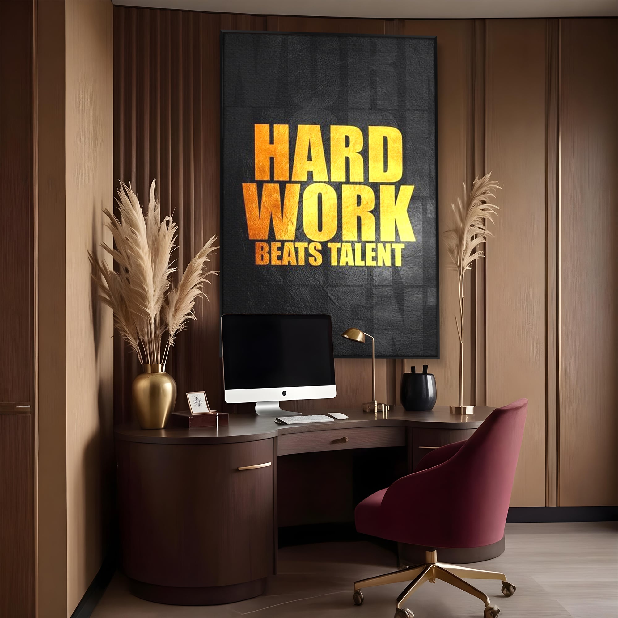 Tablou canvas cu tablou motivational cu mesaj aurit, in rama de aluminiu negru, pe perete intr-un birou