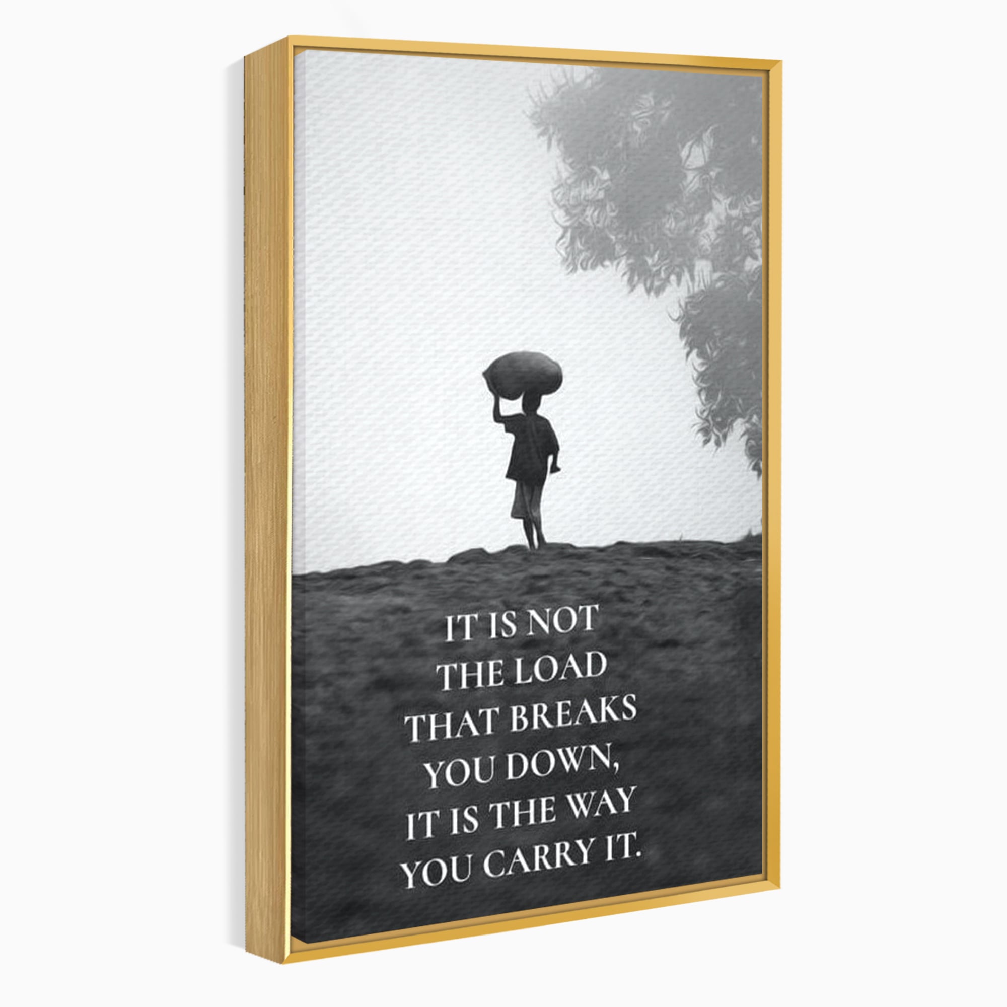 Tablou canvas cu tablou motivational cu silueta si text, in rama de aluminiu auriu