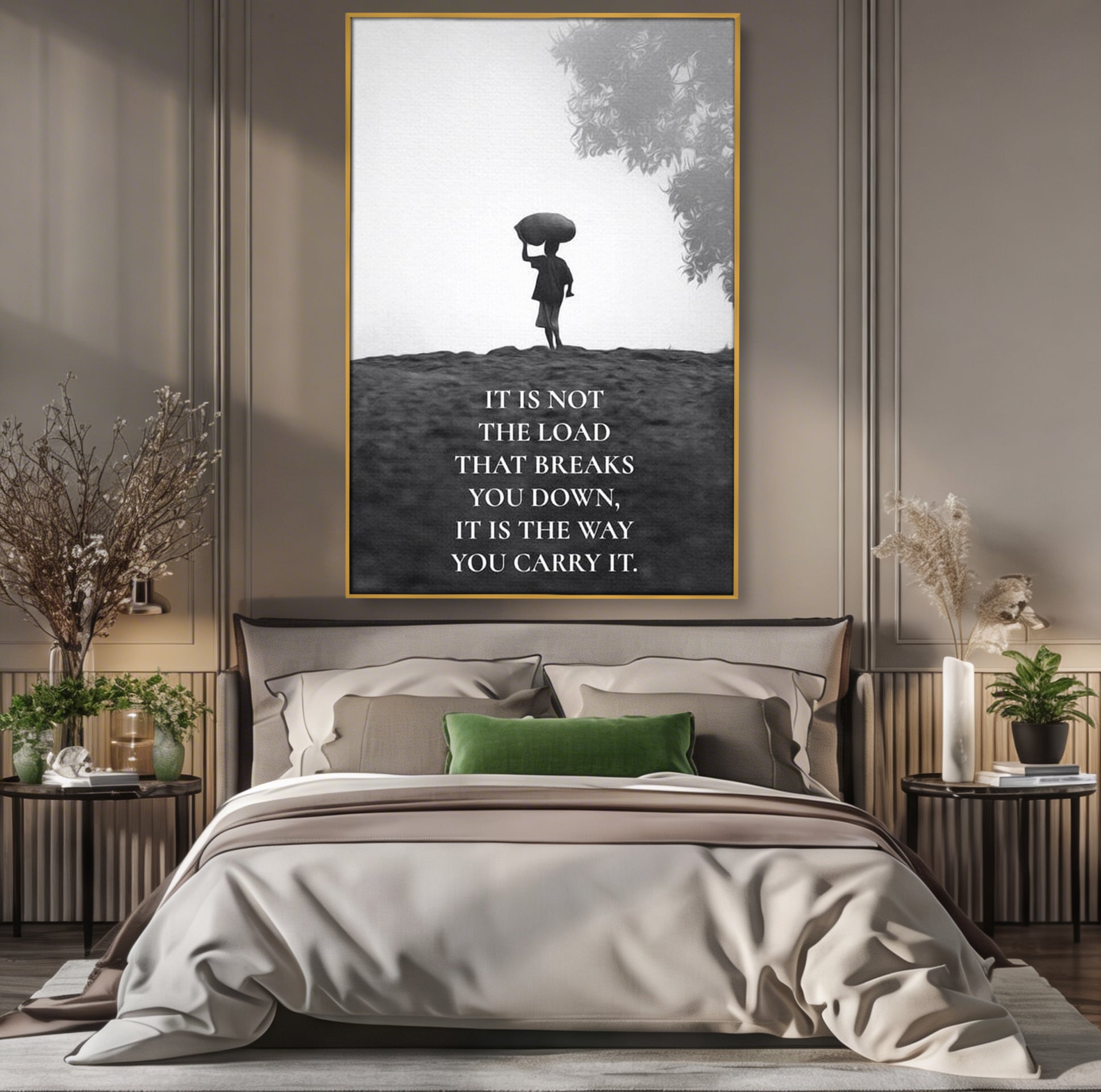 Tablou canvas cu tablou motivational cu silueta si text, in rama de aluminiu auriu, pe perete intr-un dormitor