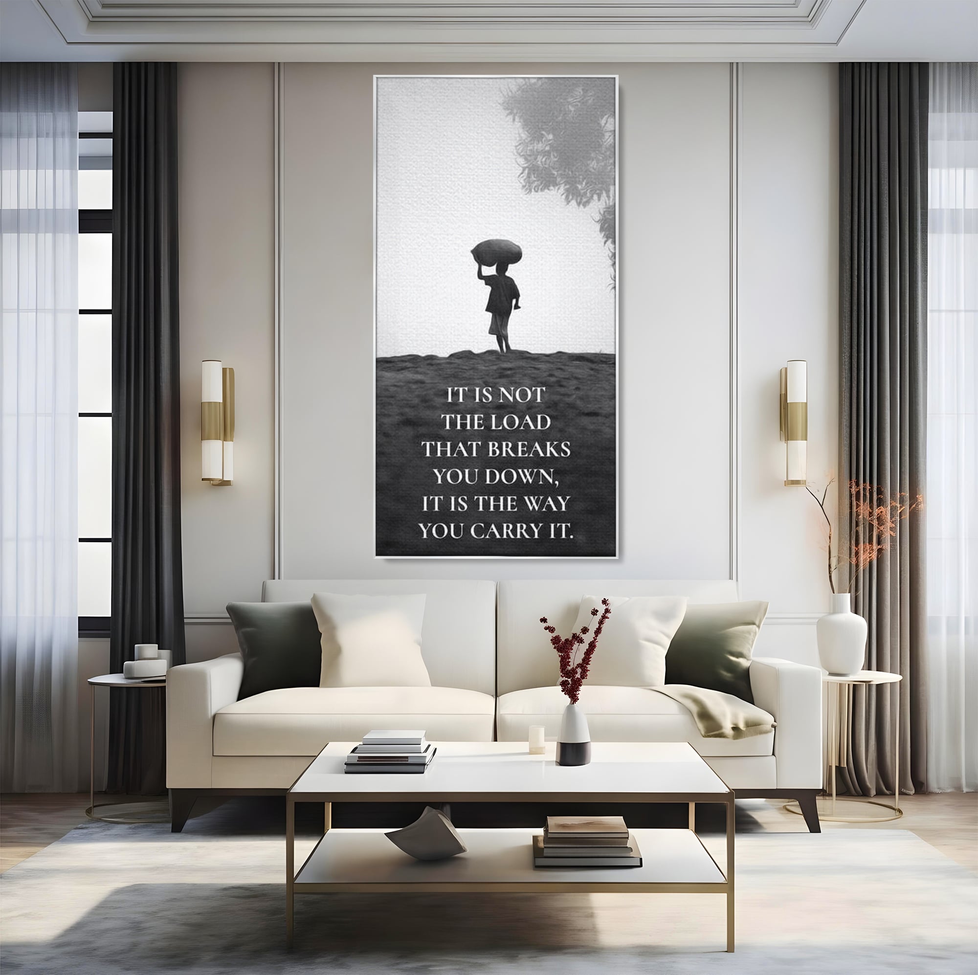 Tablou canvas cu tablou motivational cu silueta si text, in rama de aluminiu argintiu, pe perete intr-un living