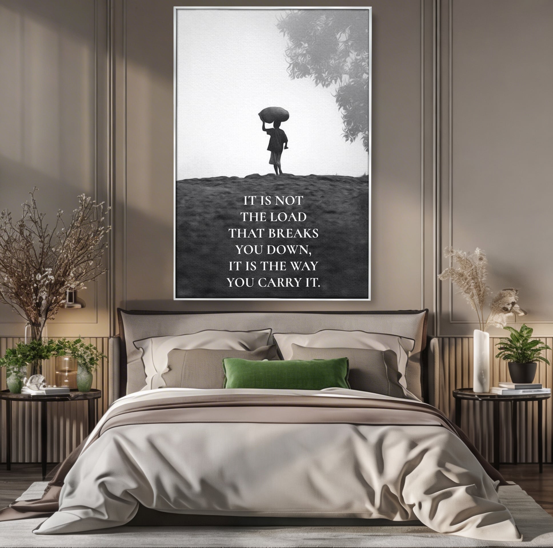 Tablou canvas cu tablou motivational cu silueta si text, in rama de aluminiu argintiu, pe perete intr-un dormitor