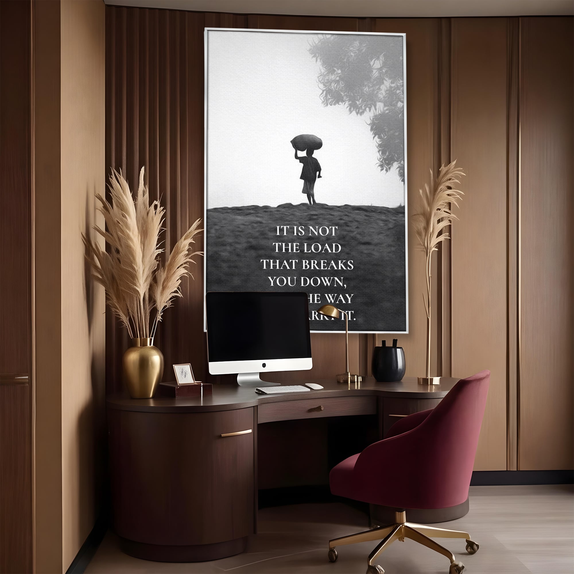 Tablou canvas cu tablou motivational cu silueta si text, in rama de aluminiu argintiu, pe perete intr-un birou