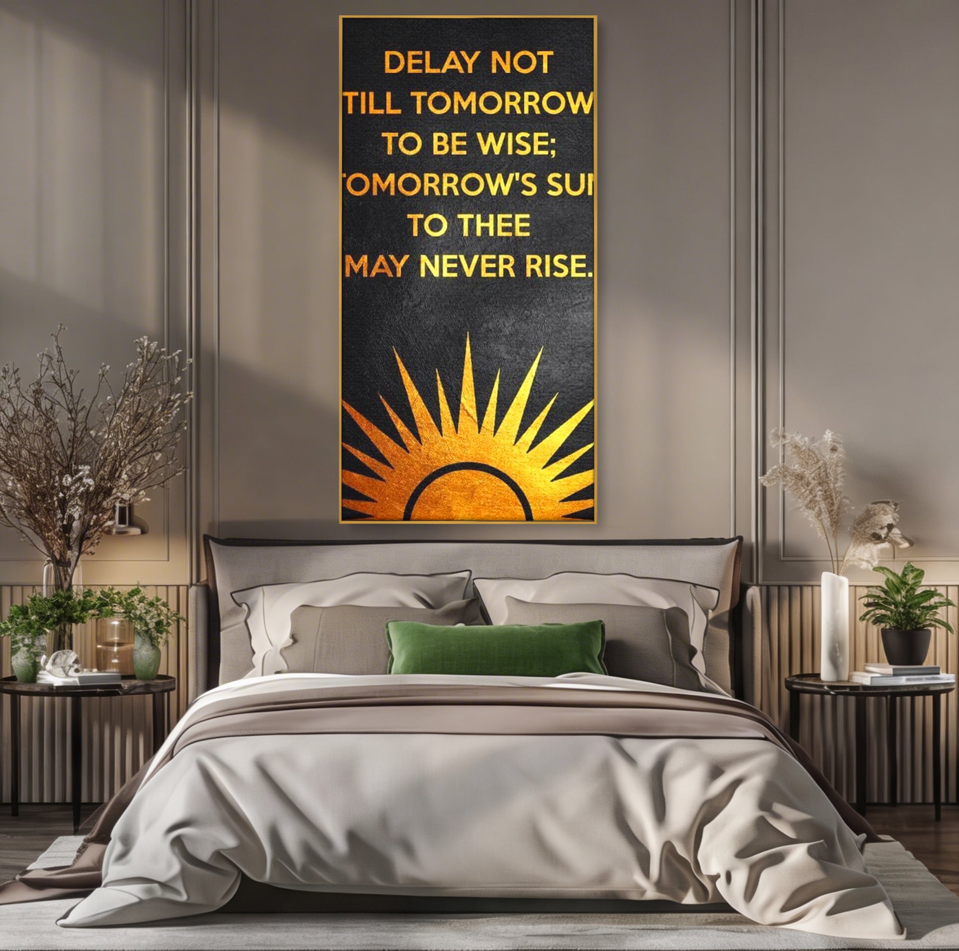 Tablou canvas cu tablou canvas motiv motivational negru si auriu, in rama de aluminiu auriu, pe perete intr-un dormitor