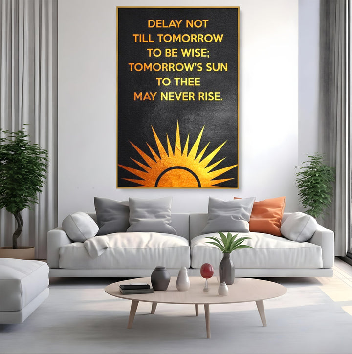 Tablou canvas cu tablou canvas motiv motivational negru si auriu, in rama de aluminiu auriu, pe perete intr-un living