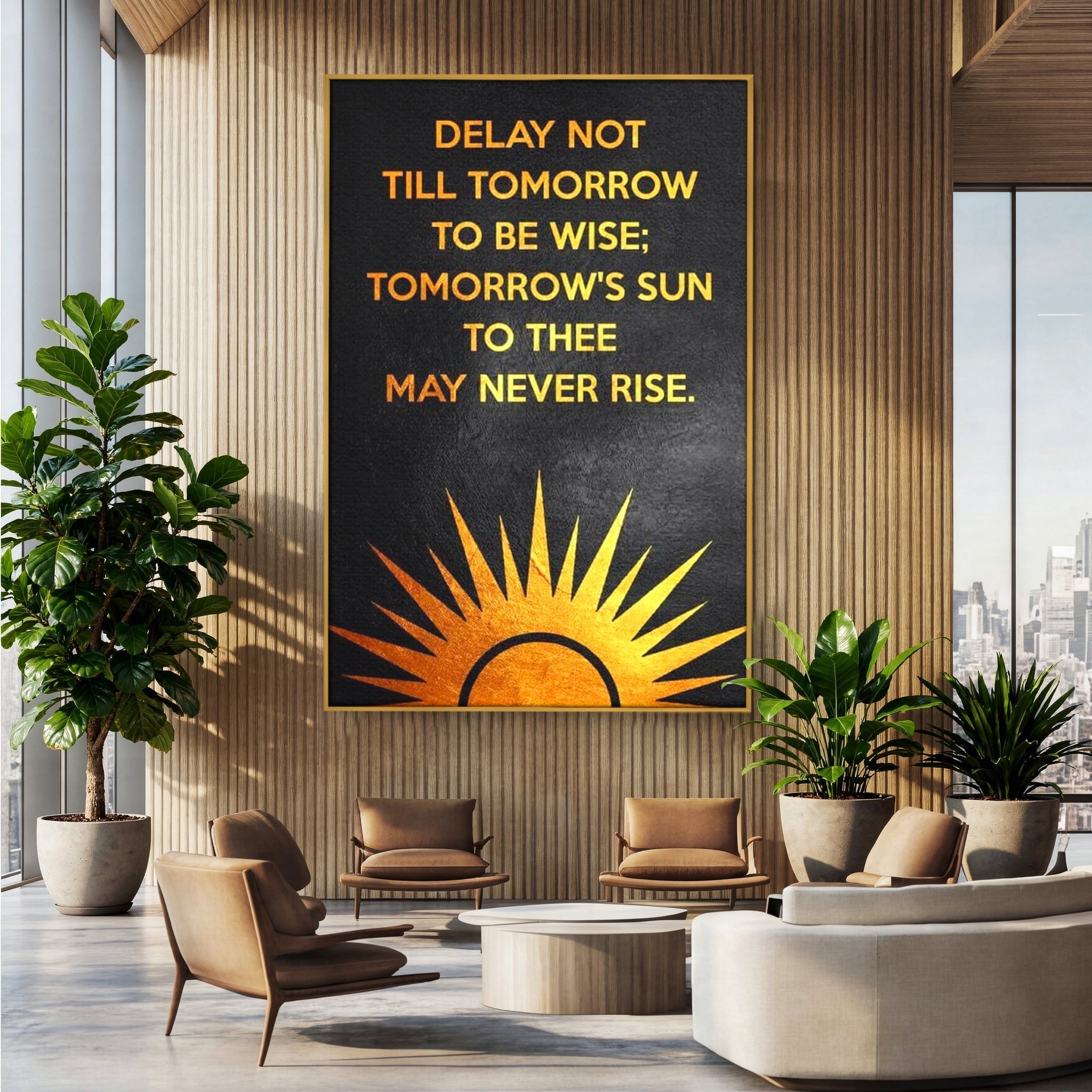 Tablou canvas cu tablou canvas motiv motivational negru si auriu, in rama de aluminiu auriu, pe perete intr-un birou