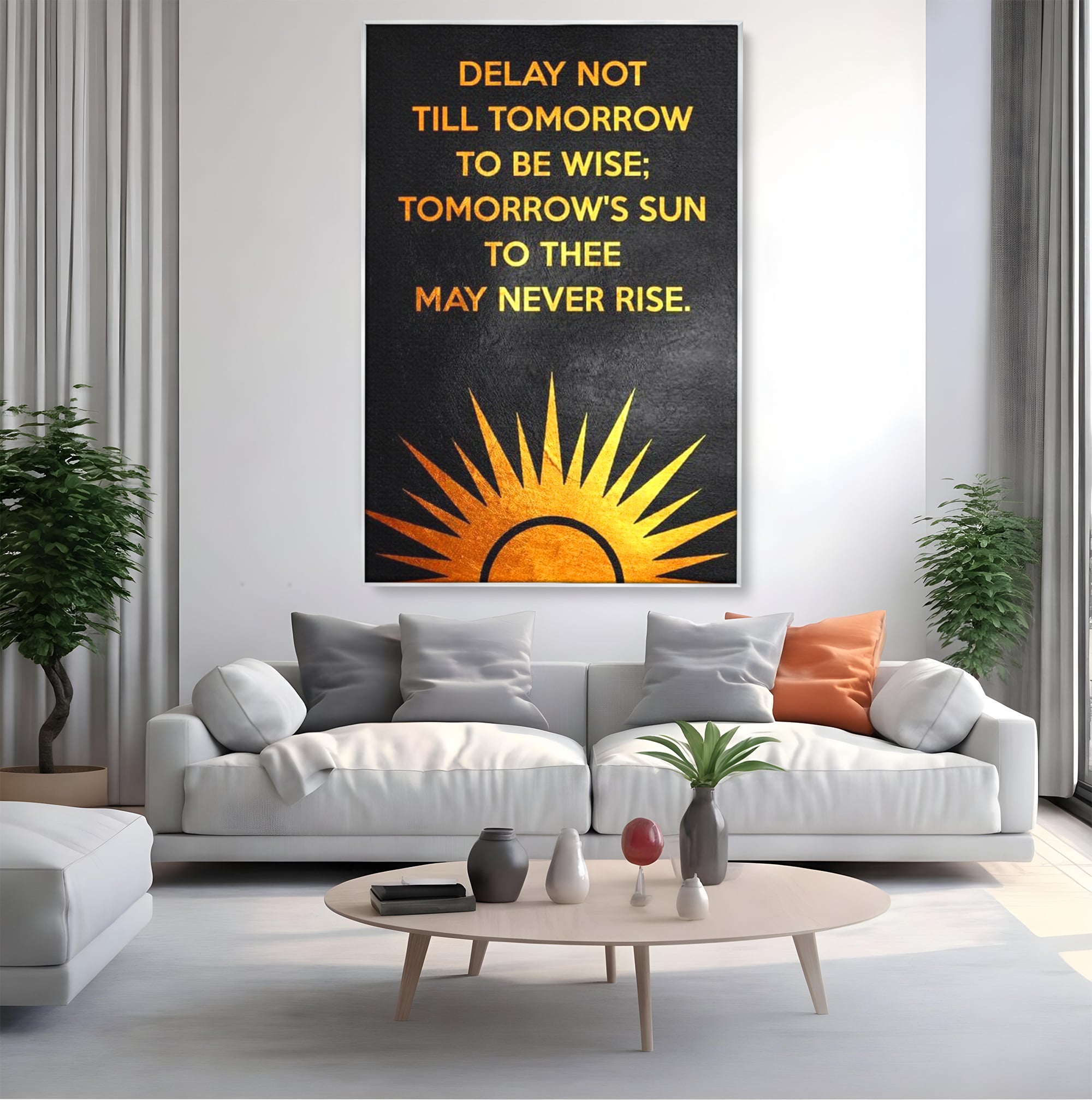 Tablou canvas cu tablou canvas motiv motivational negru si auriu, in rama de aluminiu argintiu, pe perete intr-un living