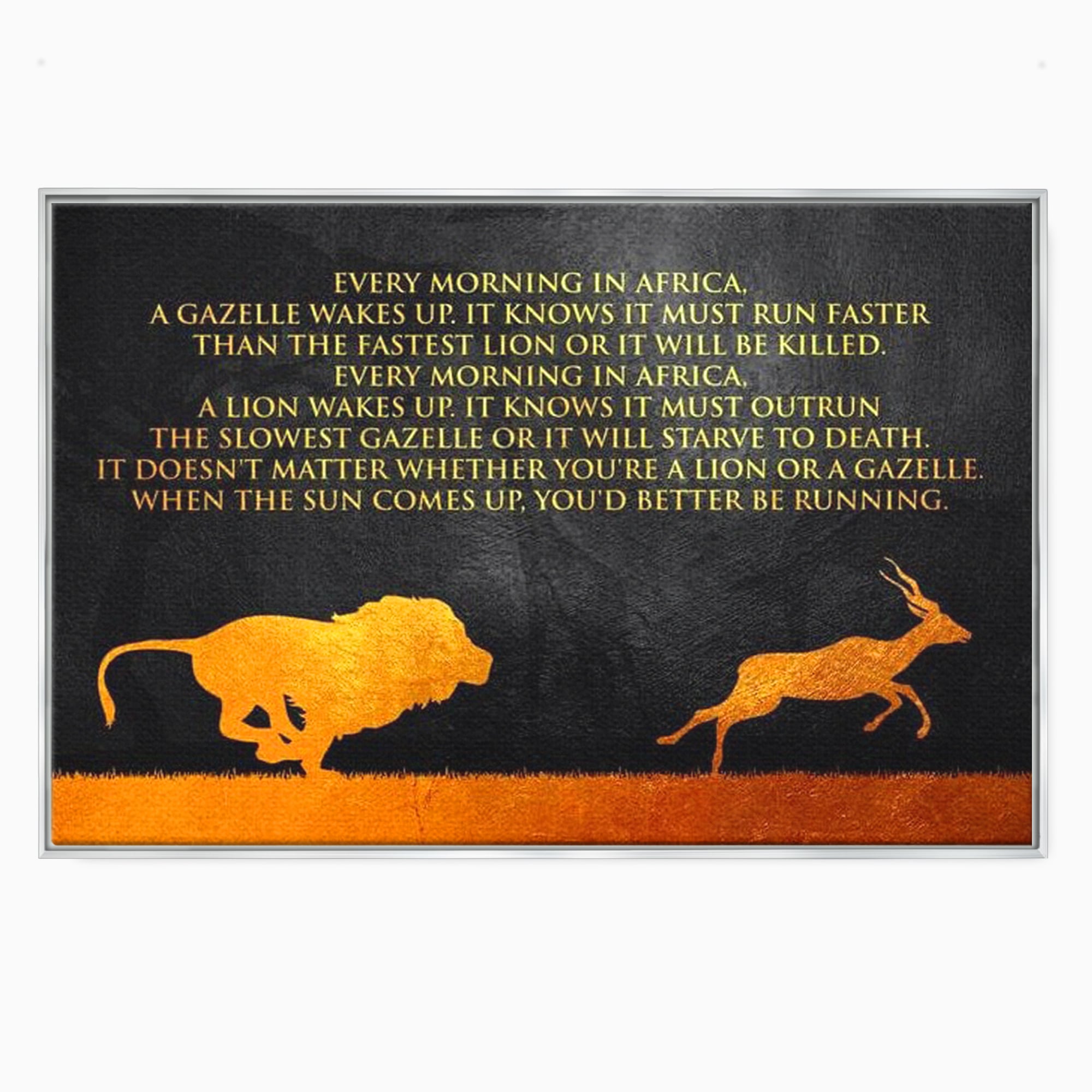 Tablou canvas cu tablou motivational cu leu si gazela, in rama de aluminiu argintiu