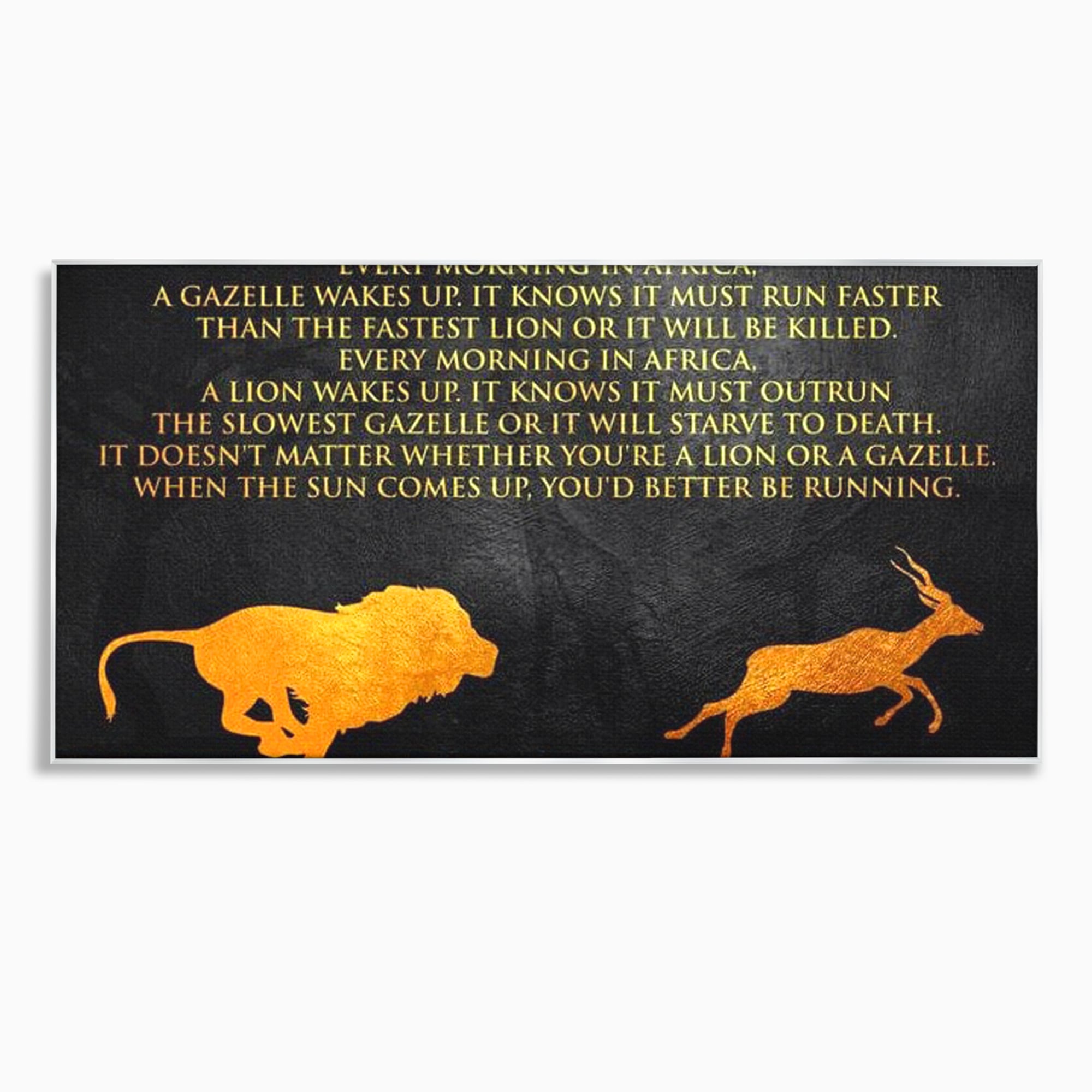 Tablou canvas cu tablou motivational cu leu si gazela, in rama de aluminiu argintiu