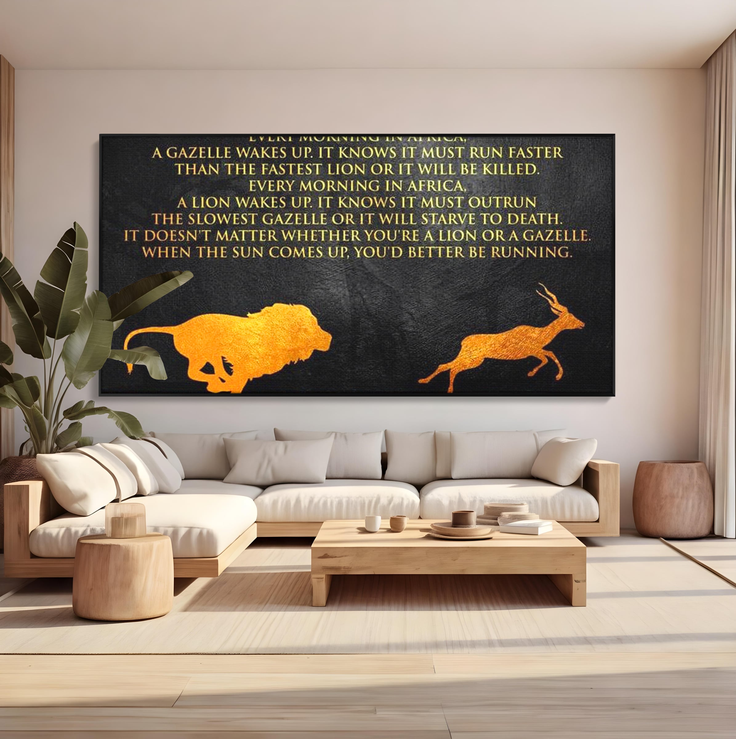 Tablou canvas cu tablou motivational cu leu si gazela, in rama de aluminiu negru, pe perete intr-un living