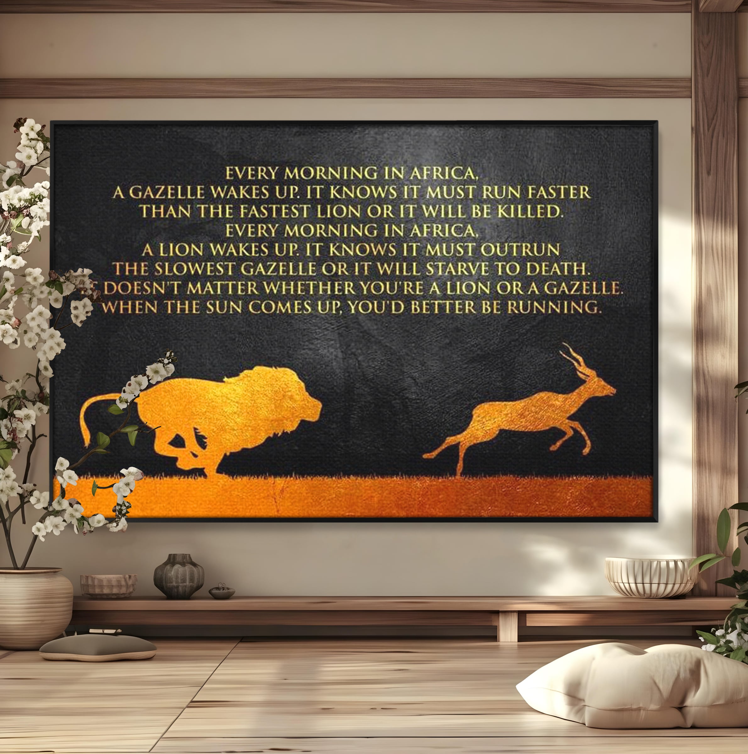 Tablou canvas cu tablou motivational cu leu si gazela, in rama de aluminiu negru