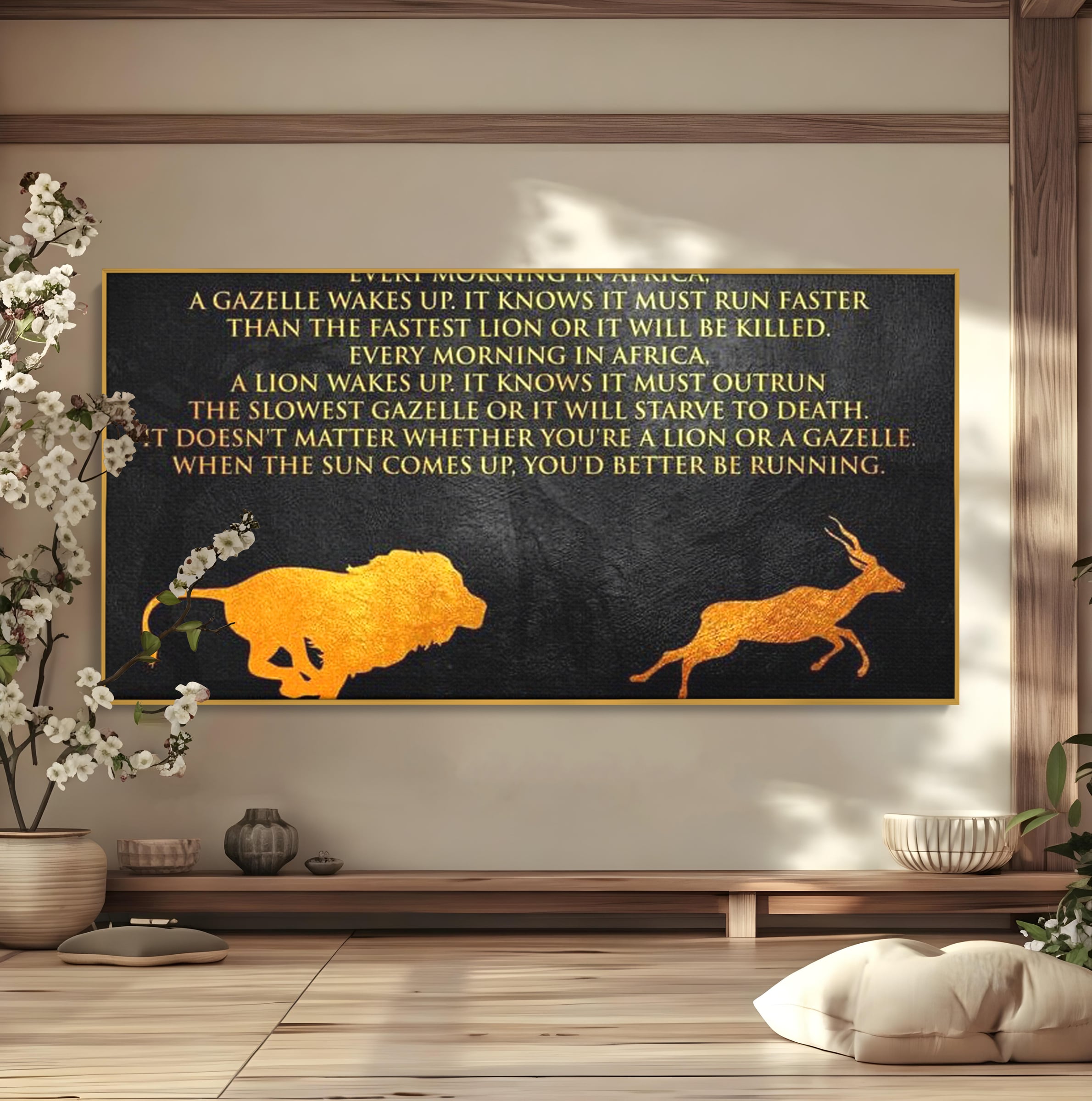 Tablou canvas cu tablou motivational cu leu si gazela, in rama de aluminiu auriu