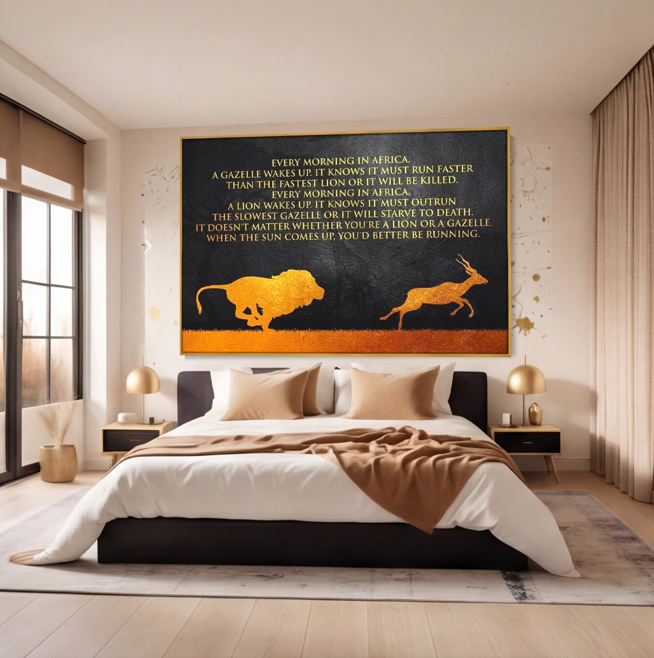 Tablou canvas cu tablou motivational cu leu si gazela, in rama de aluminiu auriu, pe perete intr-un dormitor