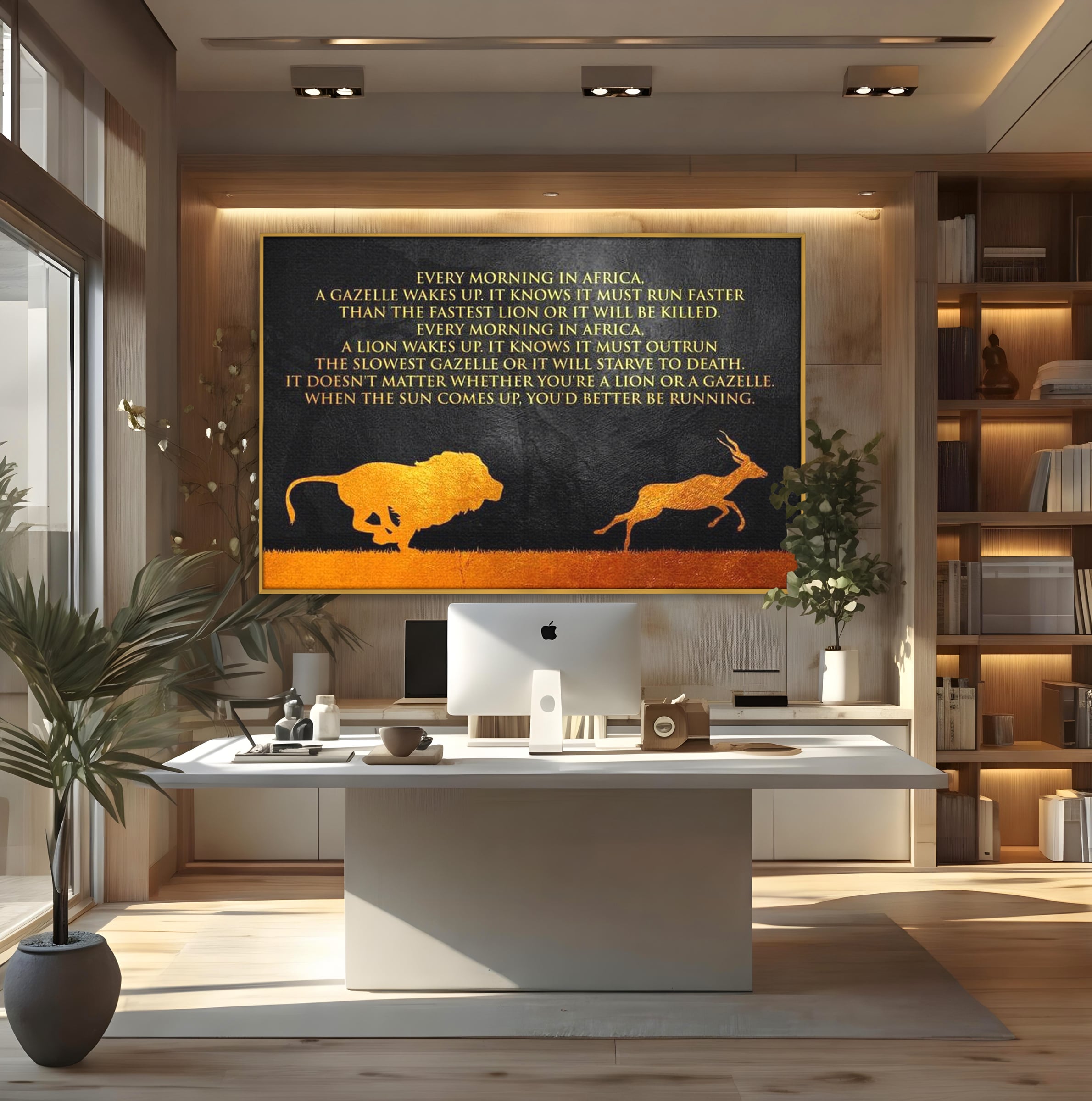Tablou canvas cu tablou motivational cu leu si gazela, in rama de aluminiu auriu, pe perete intr-un birou