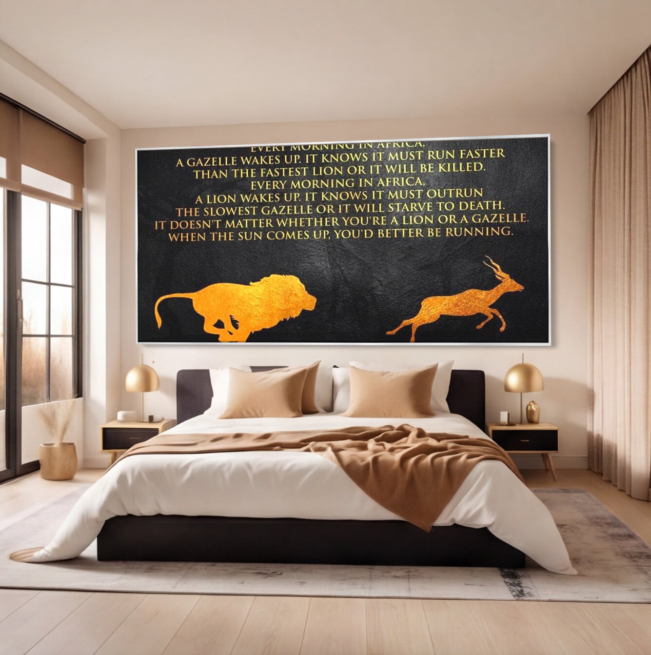 Tablou canvas cu tablou motivational cu leu si gazela, in rama de aluminiu argintiu, pe perete intr-un dormitor