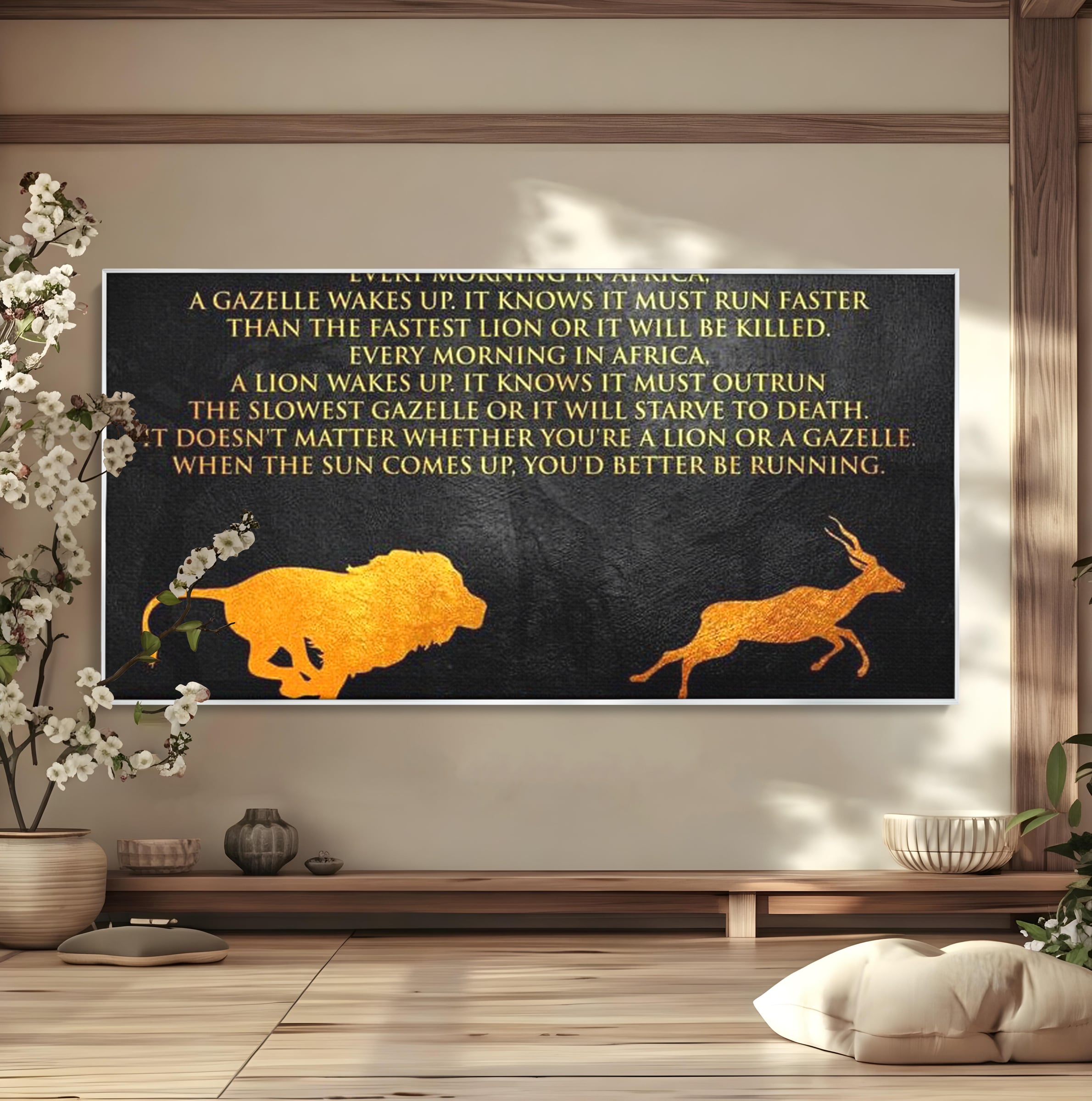 Tablou canvas cu tablou motivational cu leu si gazela, in rama de aluminiu argintiu