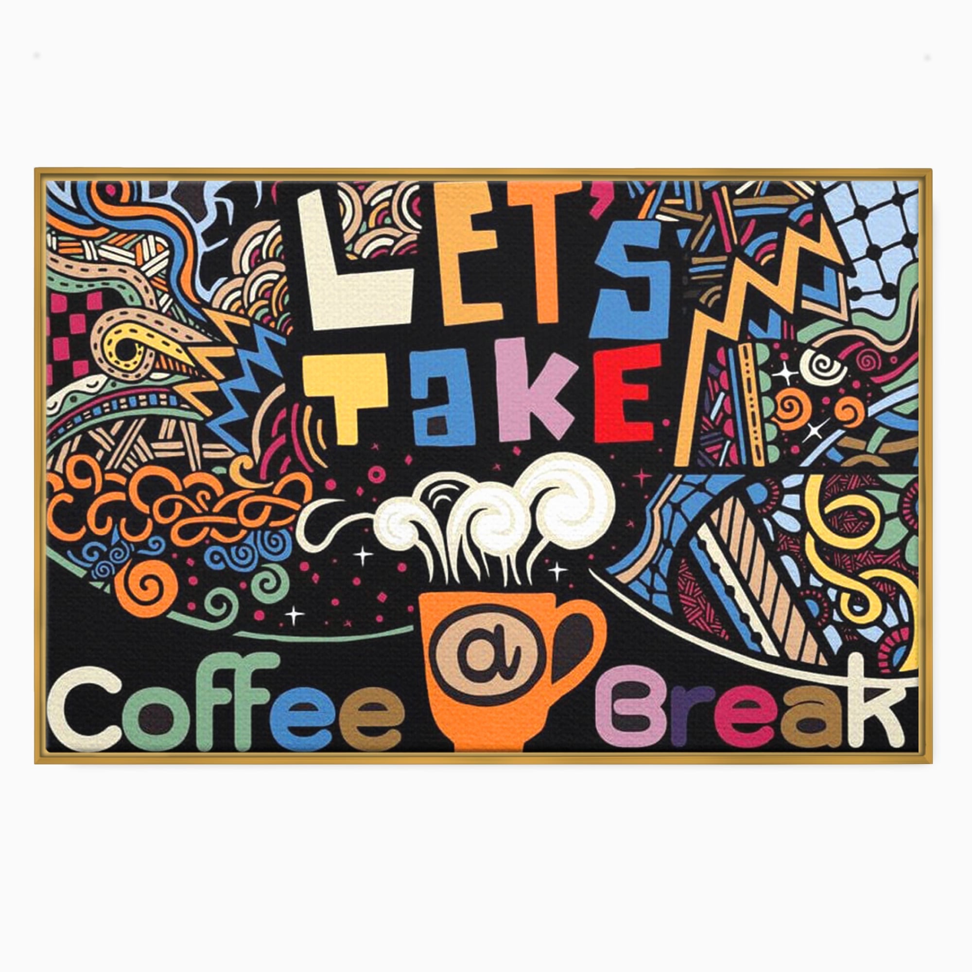 Tablou canvas cu tablou canvas cu ilustratie cafea si doodle, in rama de aluminiu auriu