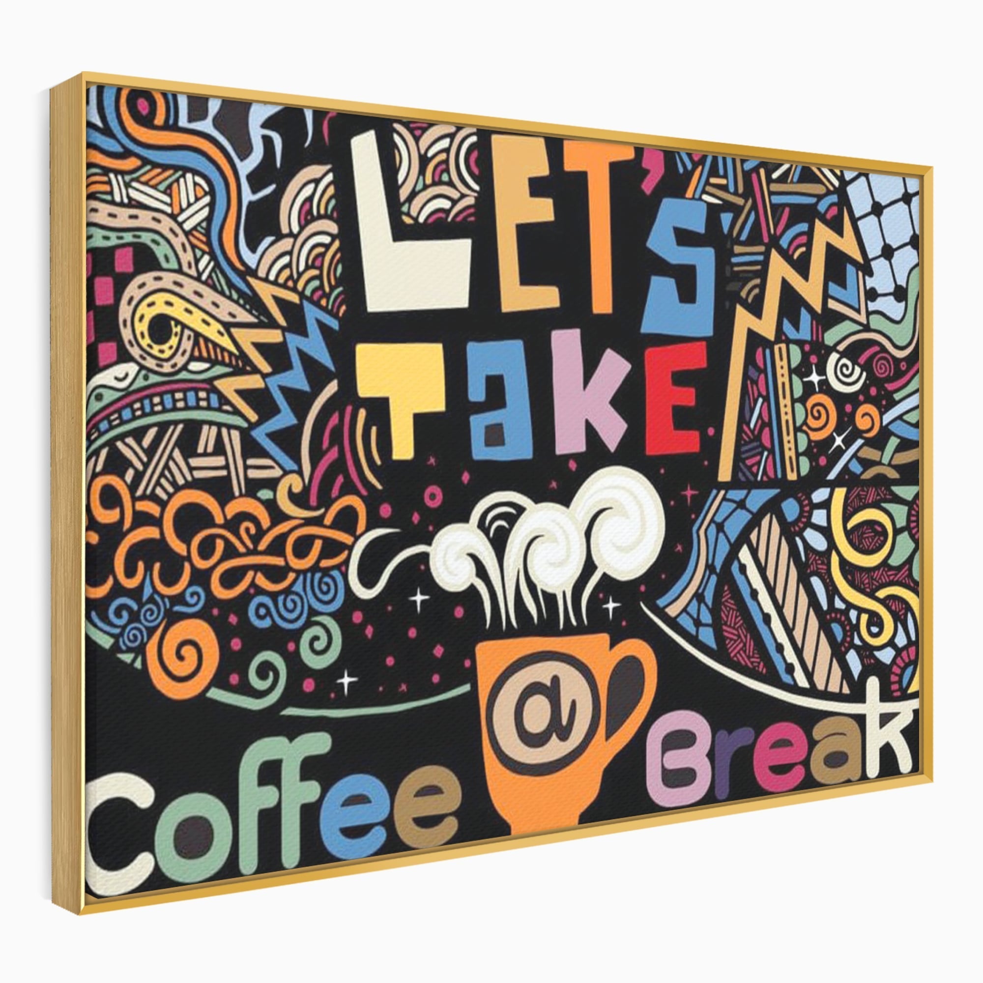 Tablou canvas cu tablou canvas cu ilustratie cafea si doodle, in rama de aluminiu auriu