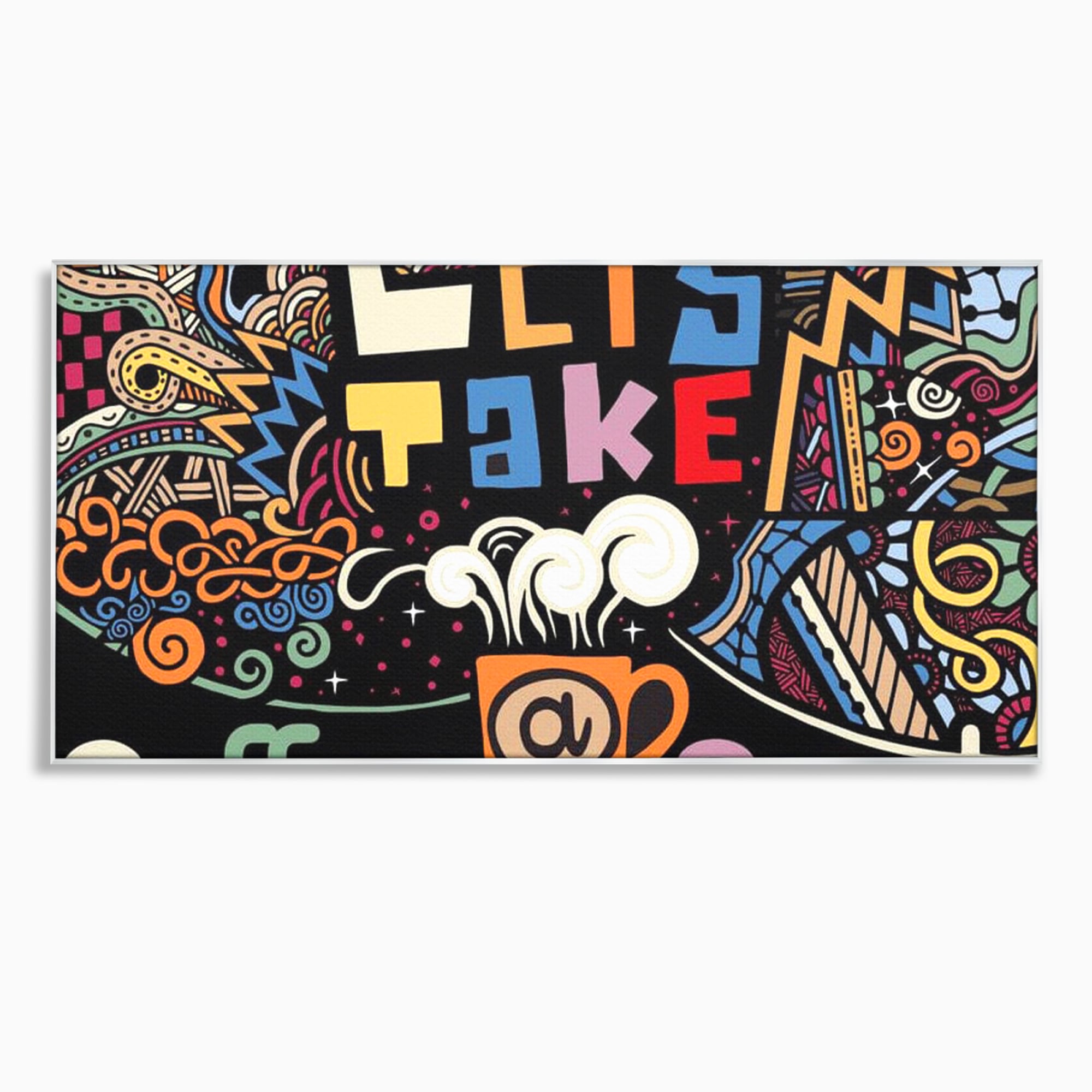 Tablou canvas cu tablou canvas cu ilustratie cafea si doodle, in rama de aluminiu argintiu