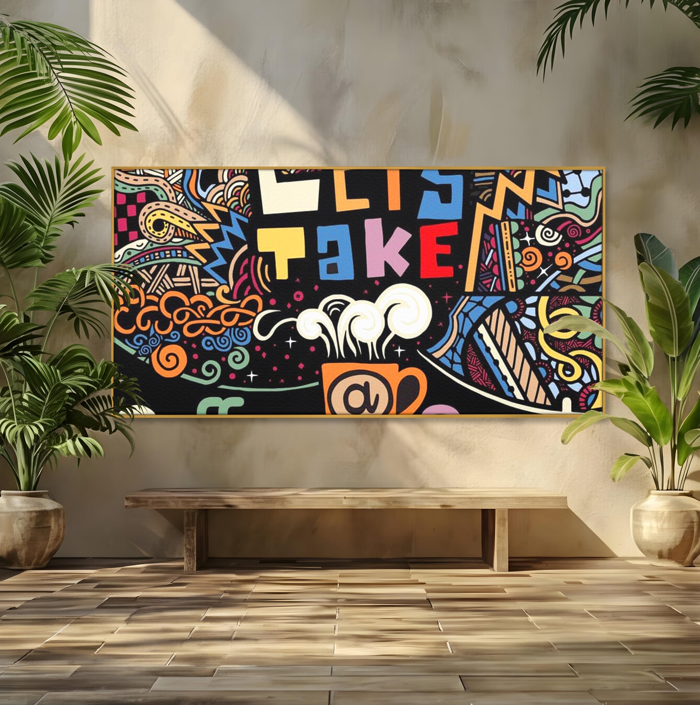 Tablou canvas cu tablou canvas cu ilustratie cafea si doodle, in rama de aluminiu auriu